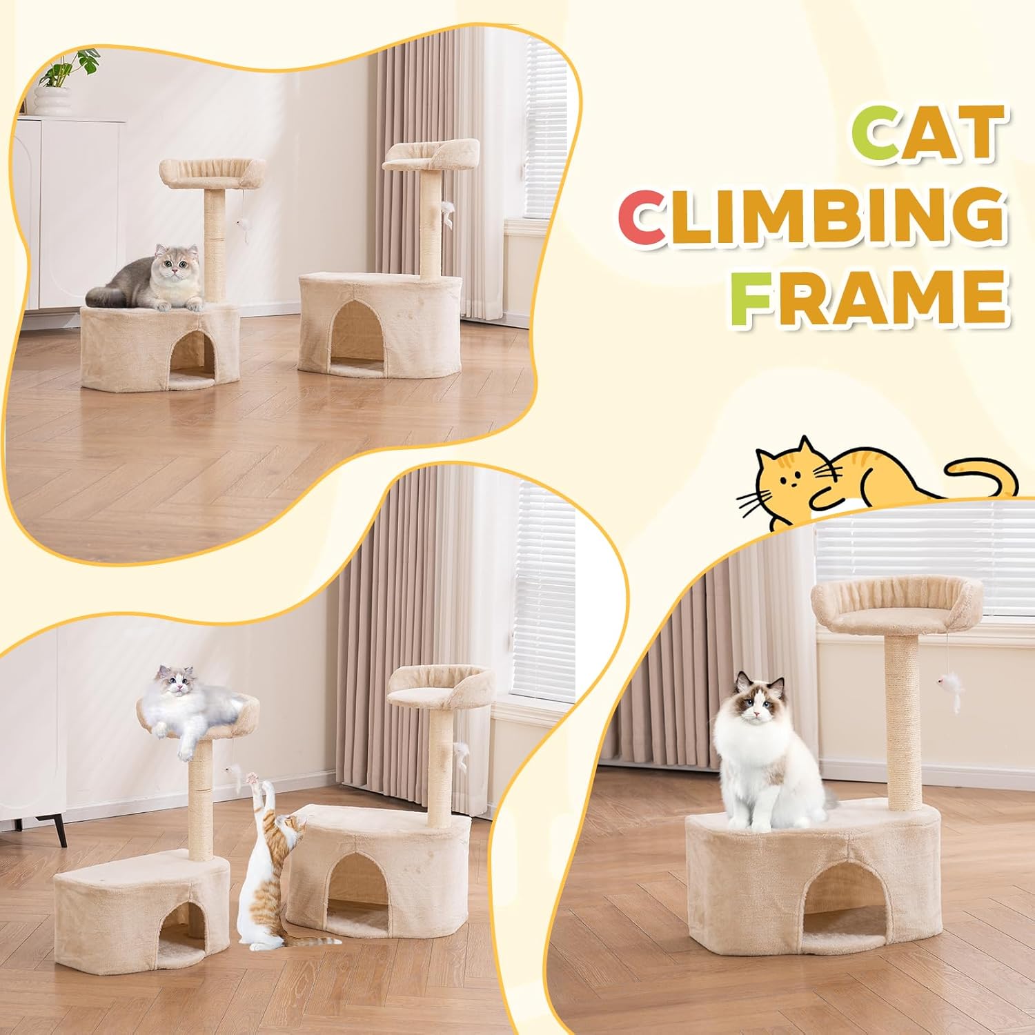 Small Cat Tree Tower with Sisal Scratching Post for Indoor Cats, Cat Condo Cave House with Perch and Playful Toy Feather, Beige (20.27x12.4x29.5 inch)