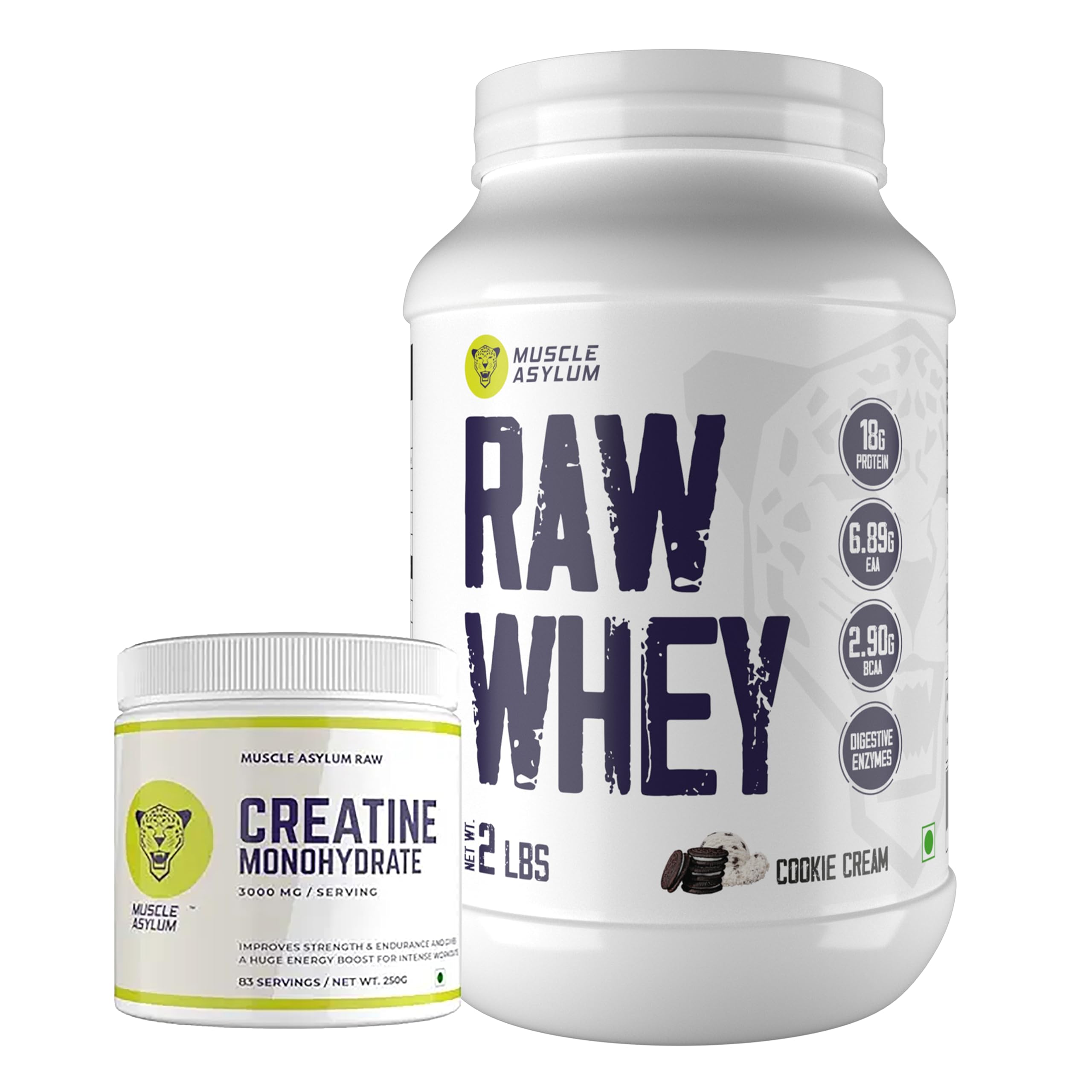 Raw Whey Protein Concentrate- 18g Protein per serving - (Cookie Cream, 1 kg / 2 lb, 29 Servings) & Creatine Monohydrate Powder - 83 Servings, 250gm (Unflavored)