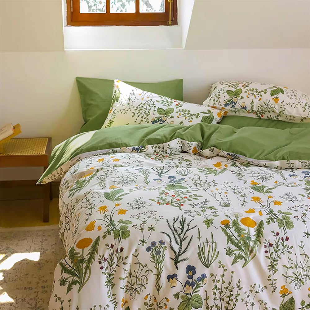 Juego de ropa de cama de algodón 135 x 200 cm, diseño de flores pequeñas y estampado botánico, funda nórdica estética con cremallera y funda de almohada de 80 x 80 cm