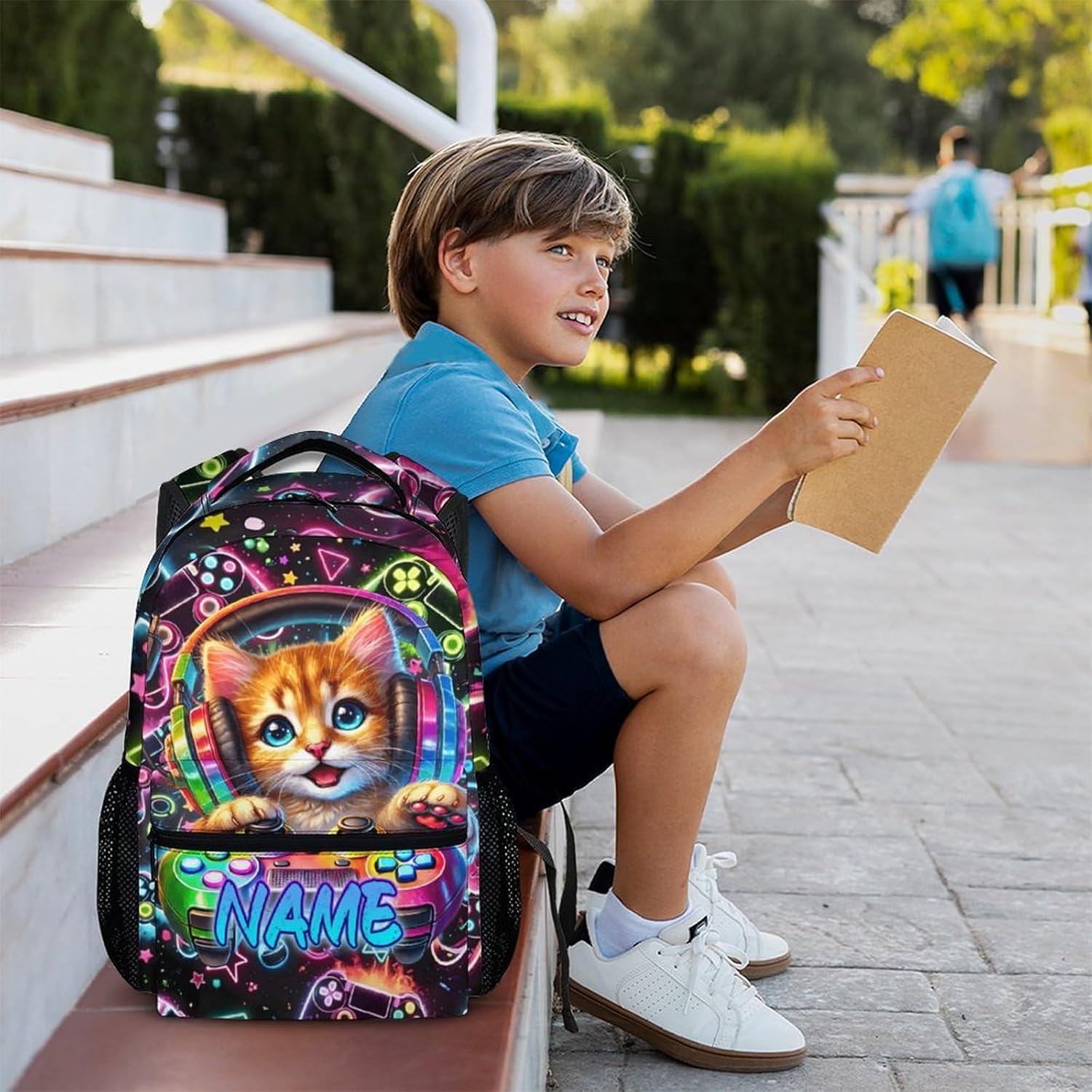 School Backpacks for Boys Personalized Gaming Backpack for Kids Students, 17 Inches Cat Theme Bookbag for Elementary Camping Travel, Custom Large Capacity Casual Back to School Supplies