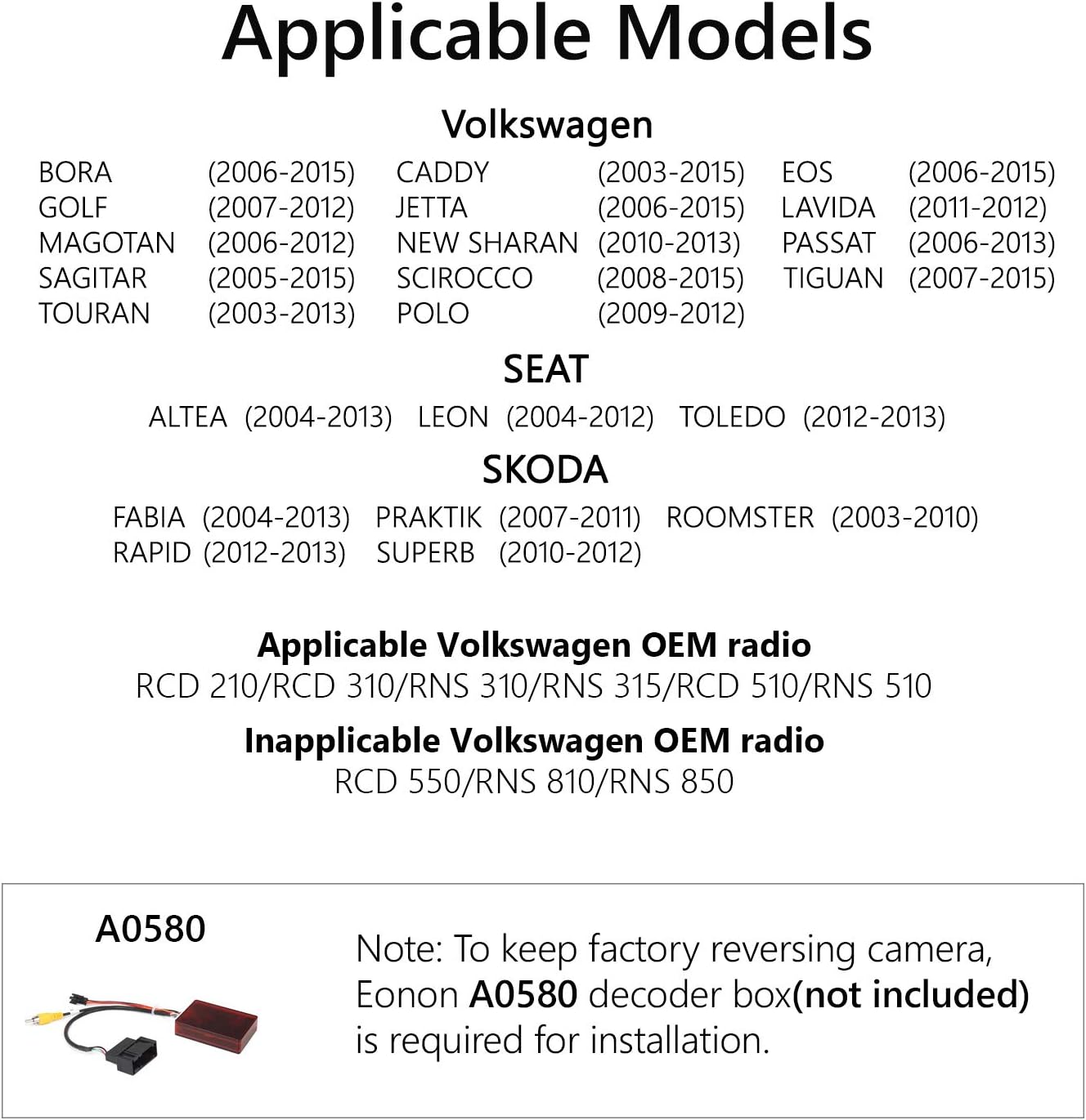 List of compatible Volkswagen, SEAT, and Skoda car models
