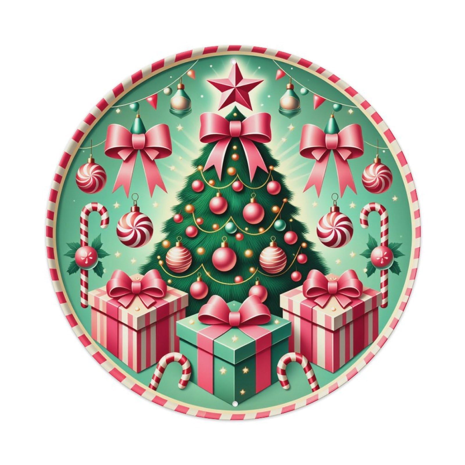 Christmas Tree Ornaments Gifts Candy Canes Round Tin Sign Retro Metal Sign for Cafe Bar Pub Home Game Room Gym Club Wall Decoration Vintage Metal Poster 8x8 Inch