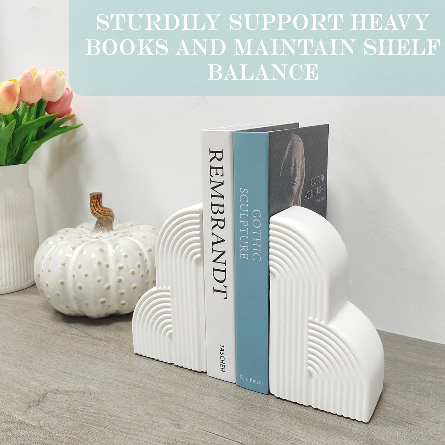 Decorative Book Ends for Heavy Books - Concrete Clound Aesthetic Bookends - Set of 2 Boho Book Stopper for Modern Home Office Bookshelf Decor (Concrete-White)