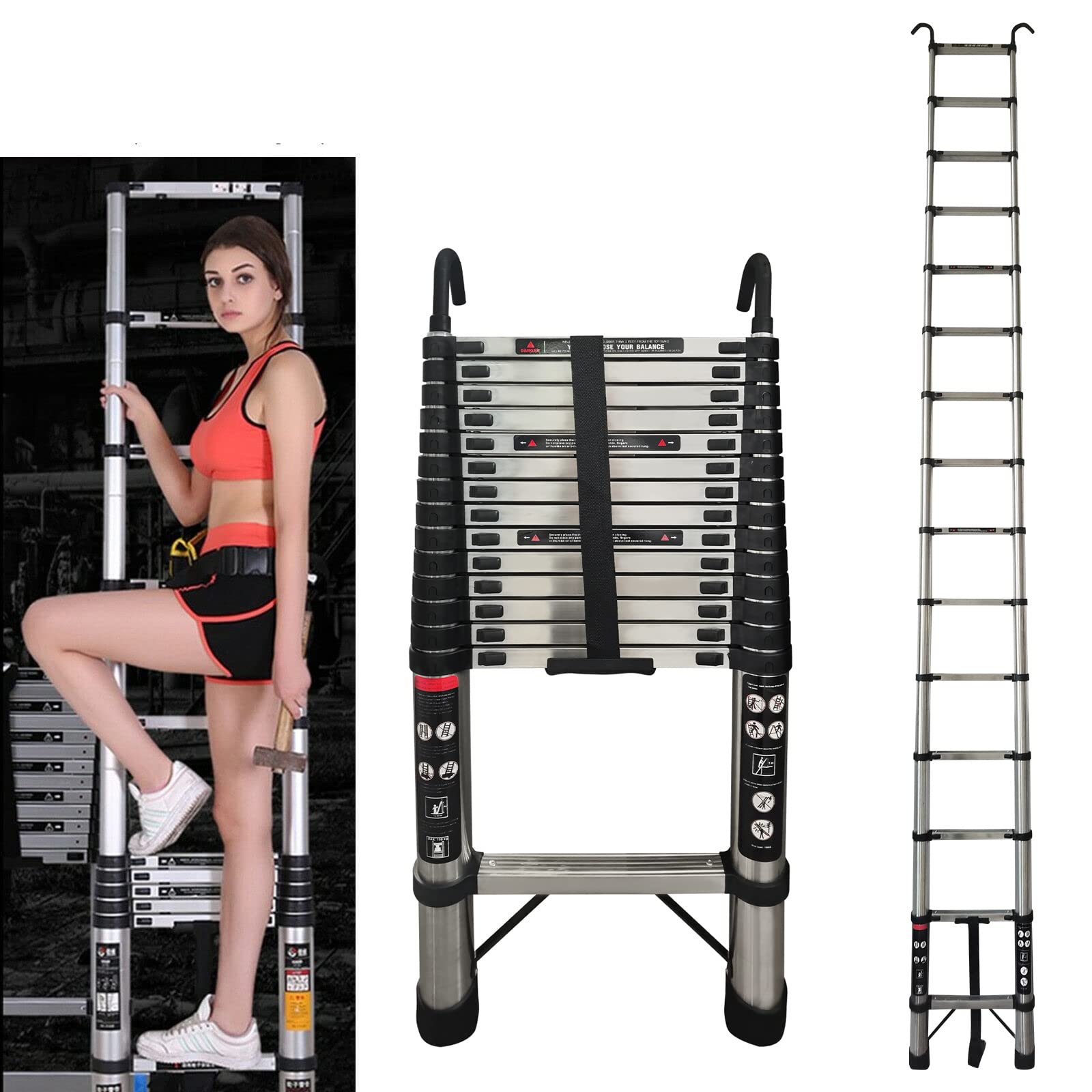 Échelle télescopique pliante avec 2 crochets, échelle coulissante en acier inoxydable de 4,4 m, échelle de grenier portable multifonction, capacité de charge de 150 kg