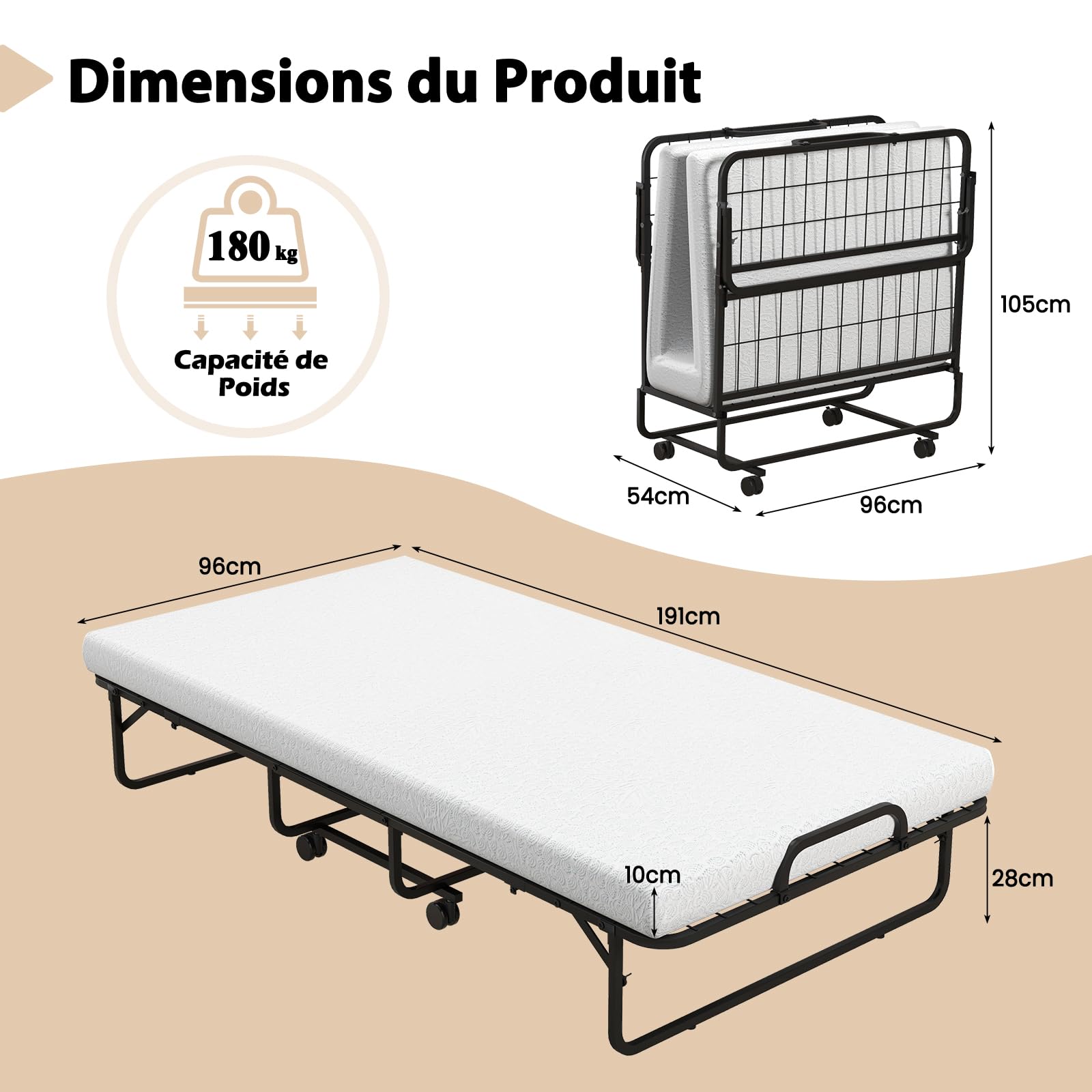GOPLUS Lit Pliant 1 Personne 95x190CM, Lit Pliant Adulte avec Matelas en Mémoire 10 cm Orthopédique,Charge 180KG, Lit Pliable 1 Personne pour Invités et Othopédiques,Ressort(Blanc)