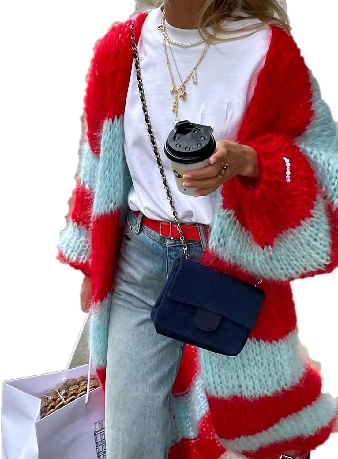 Women Contrast Color Stripe Fuzzy Chunky Knit Long Open Front Cardigan Sweater Loose Slouchy Lantern Sleeve Warm