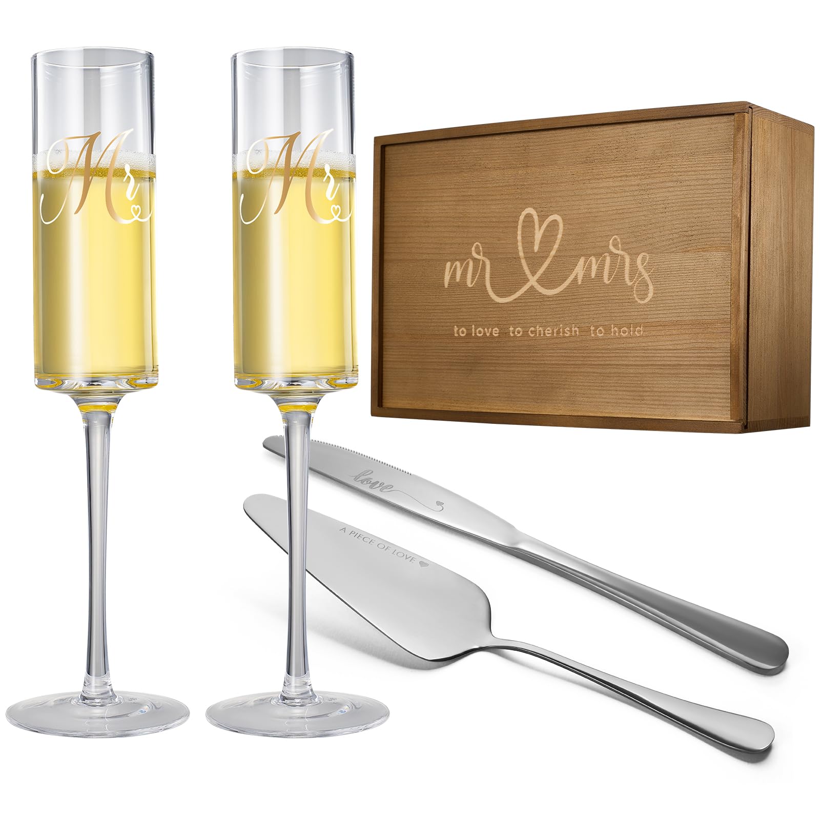 Ensemble de flûtes à champagne, couteau à tarte et pelle à gâteau avec boîte à mémoire en bois, cadeau de mariage Mr & Mrs en cristal, cadeau de mariage, fête prénuptiale, anniversaire, fiançailles,
