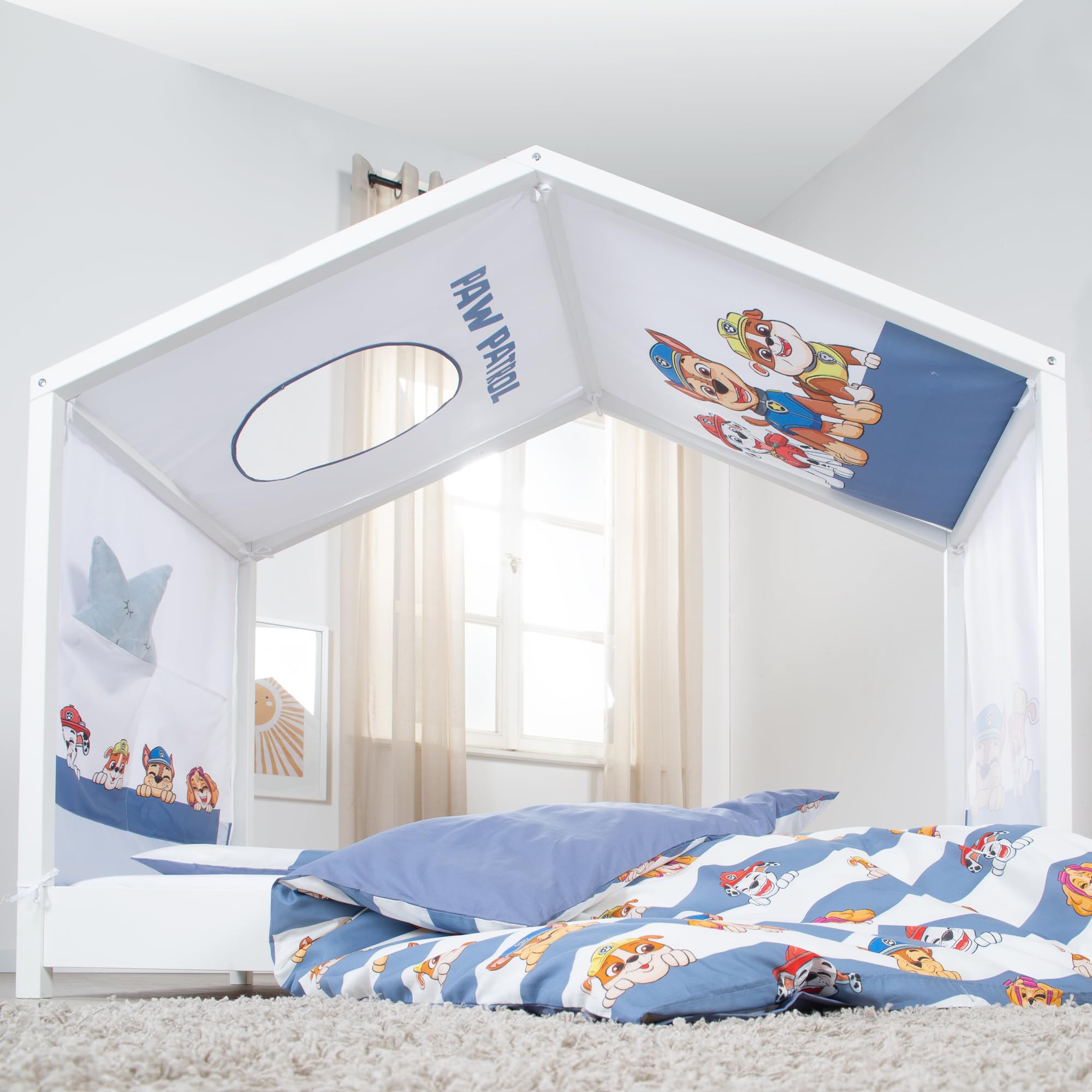 roba Bezug für Montessori Hausbetten 70 x 140 cm im Paw Patrol Design - Passendes Zubehör zum Umbau in Himmelbett - Inkl. 3 Aufbewahrungstaschen & Dachfenster