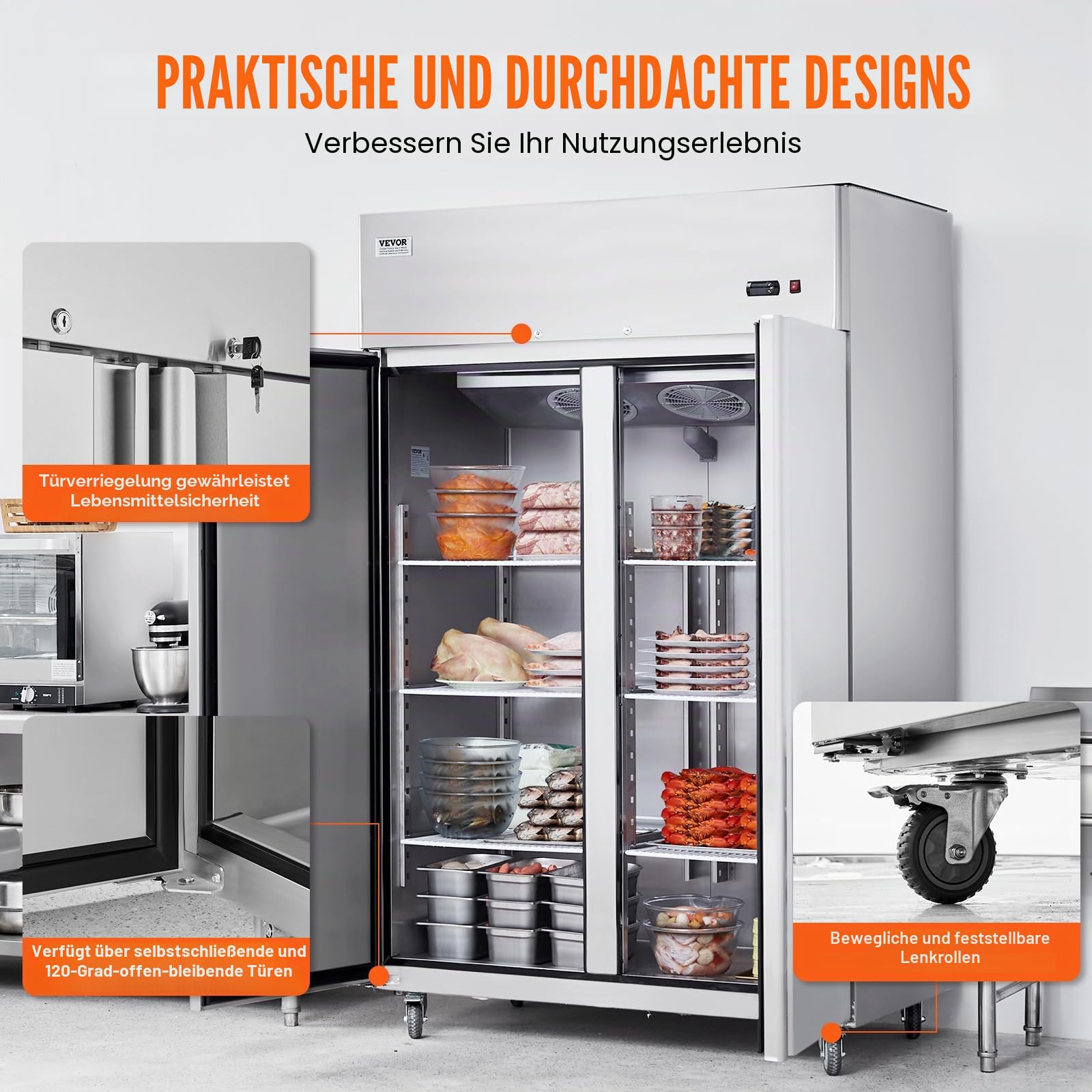 VEVOR Gewerbe-Gefrierschrank 1100 L, Gefrierschrank mit 2 Türen, Edelstahl-Gefrierschrank mit automatischer Abtauung, 6 verstellbaren Ablagen, Temperaturregelung von -25 bis -15 °C und 4 Rädern