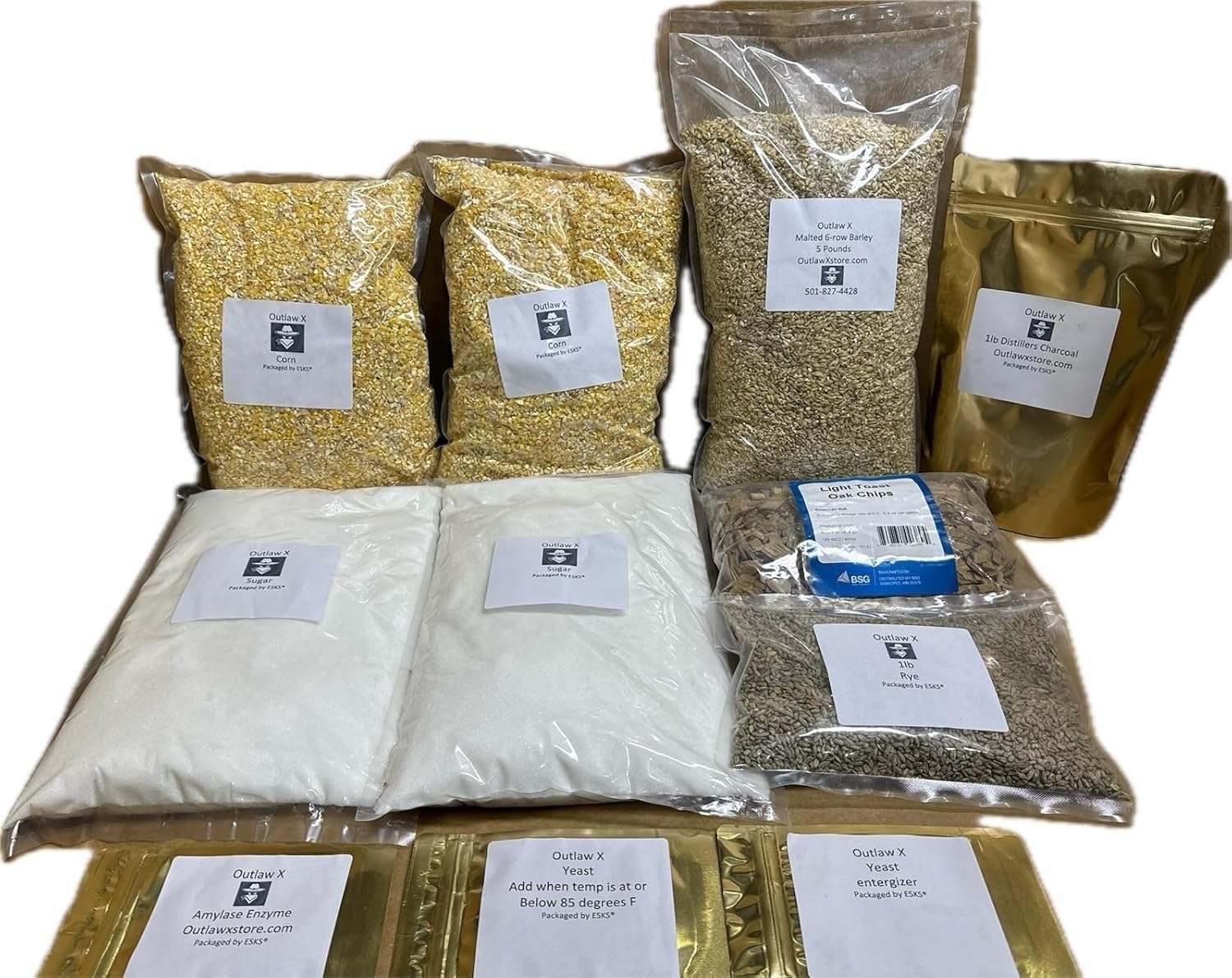 Outlaw X Deluxe Master Distillers Mash Ingredients Kit for Bourbon Shine includes Malted Grains, Yeast, Charcoal, Oak Chips and More!