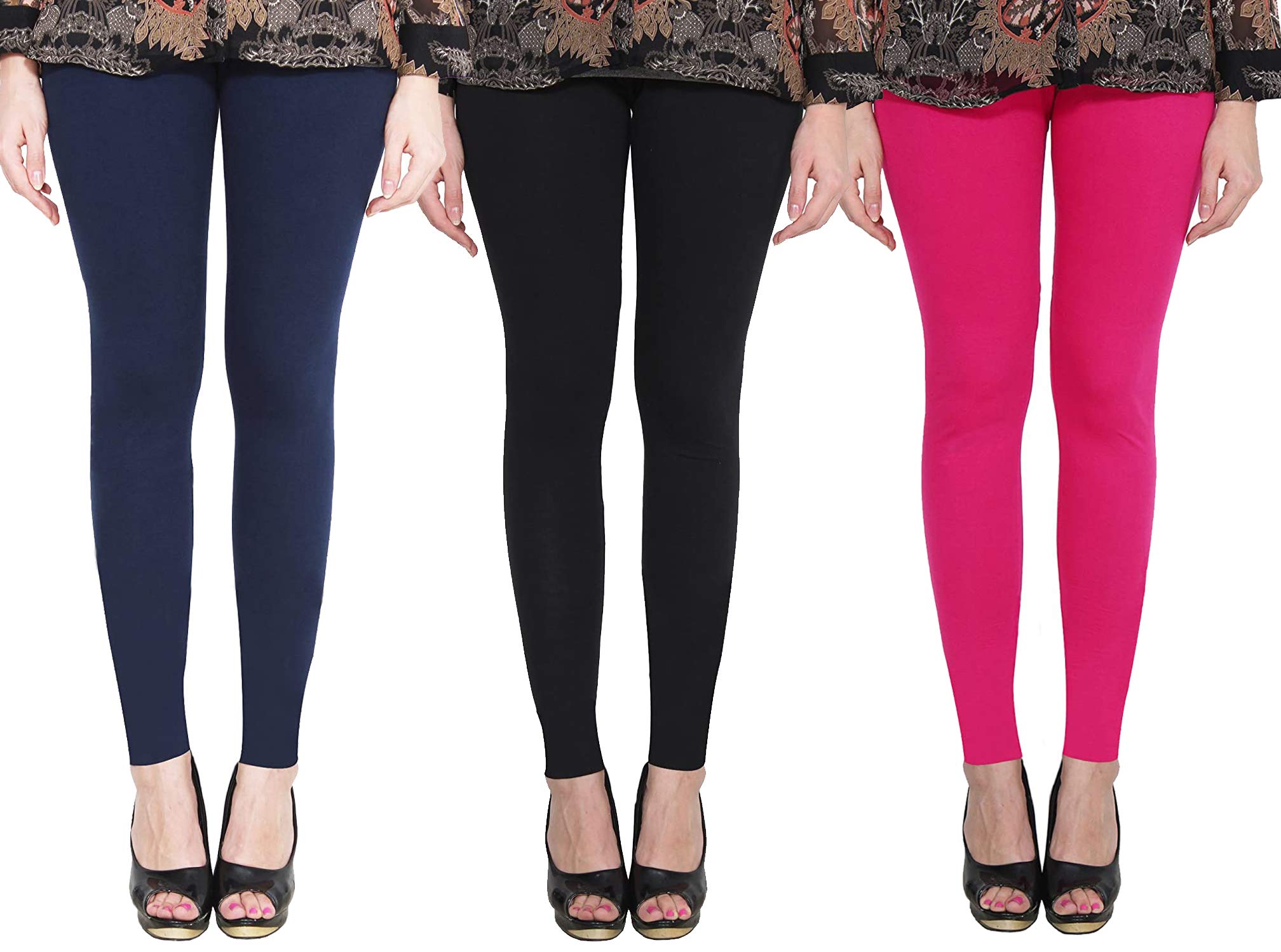 Premium_Cotton Lycra_Ankle Length Leggings_For Women/Girls/Ladies_Combo Pack of 3_(Navy Blue, Black and Maharani Pink)-image-3