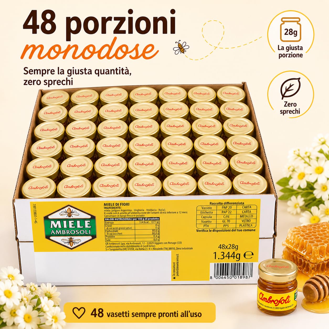 Ambrosoli 48 Porzioni Miele di Fiori 28g, Miele Monodose Pratico per Casa, Ufficio e Colazione
