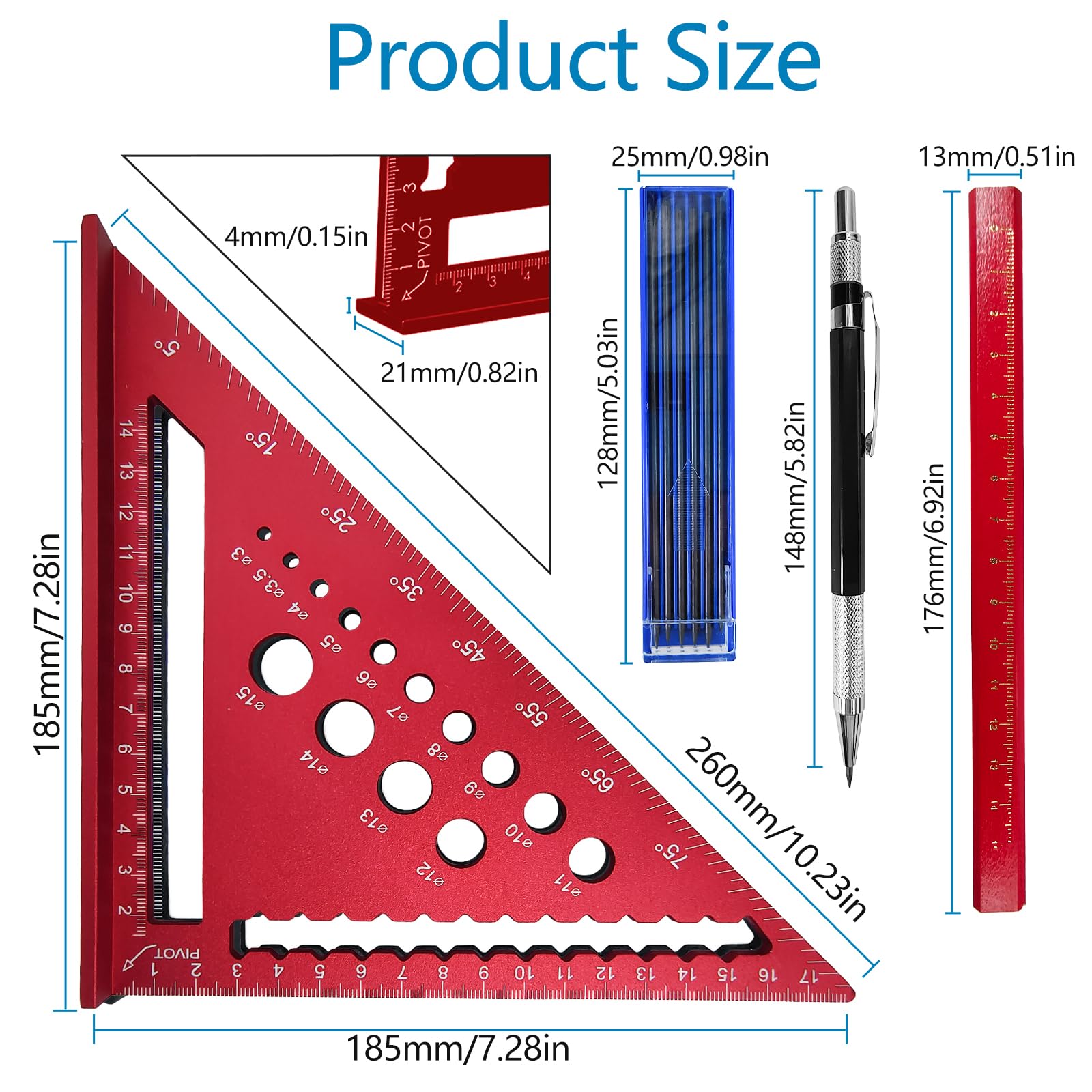 Squadra Falegname In Alluminio - Set 2 Pezzi 180mm+300mm, Goniometro Per Angoli 45°/90° - Foto 9