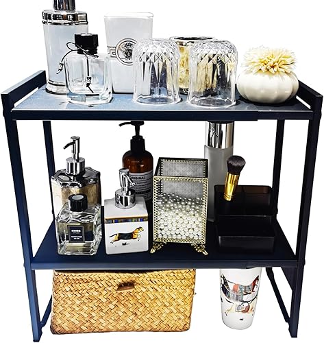 Miniatura 9 de Organizador de estante de gabinete expandible de 2 niveles de 14.5-25 pulgadas de largo, estante para encimera de cocina, estante para fregadero,