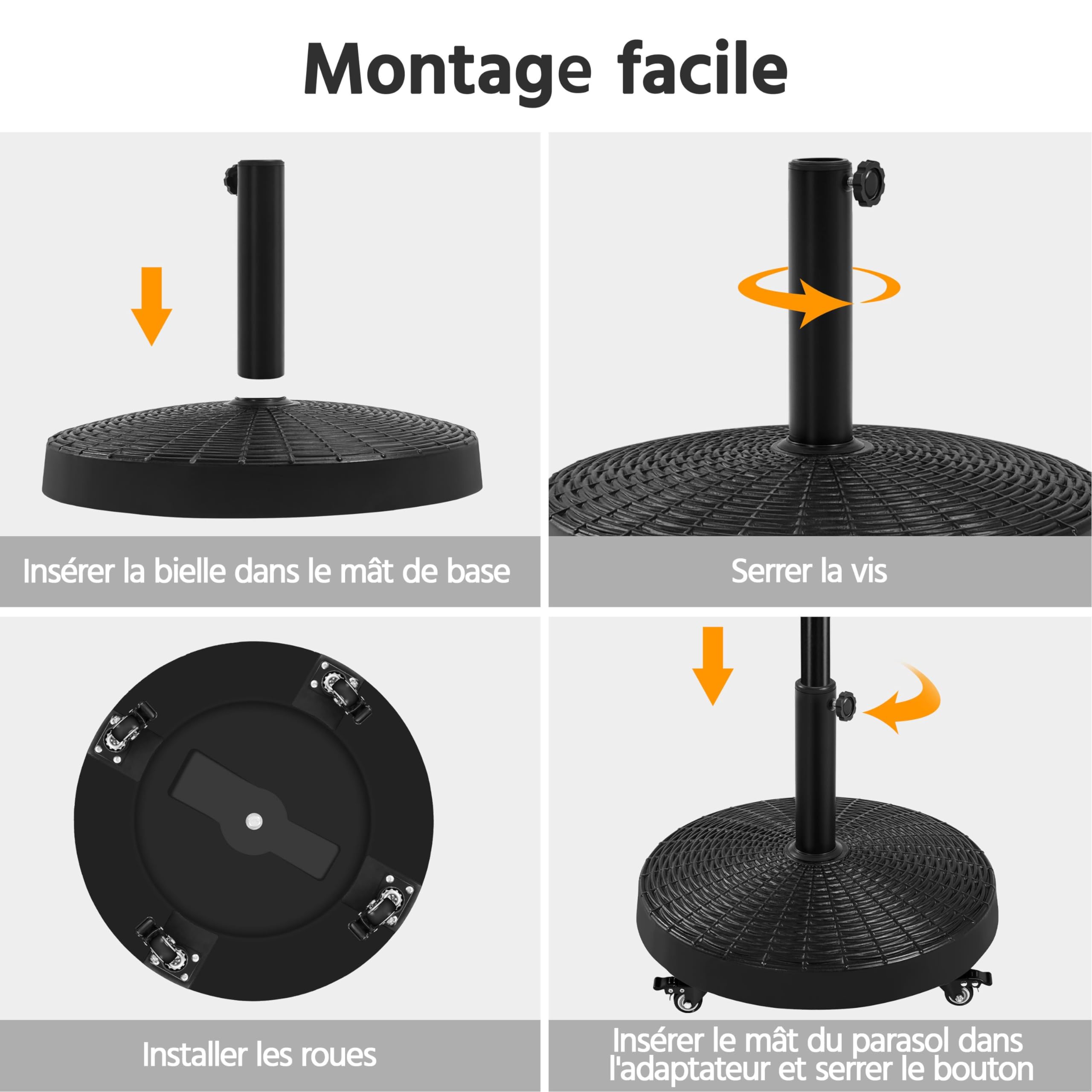 Yaheetech Pied de Parasol à roulettes 25 KG Pied de Parasol Lourd Base Parasol Imitation Rotin en Résine pour Mât de Ø 3,8 cm/ 4,8 cm du Parasol de Jardin 52 × 52 × 42 cm
