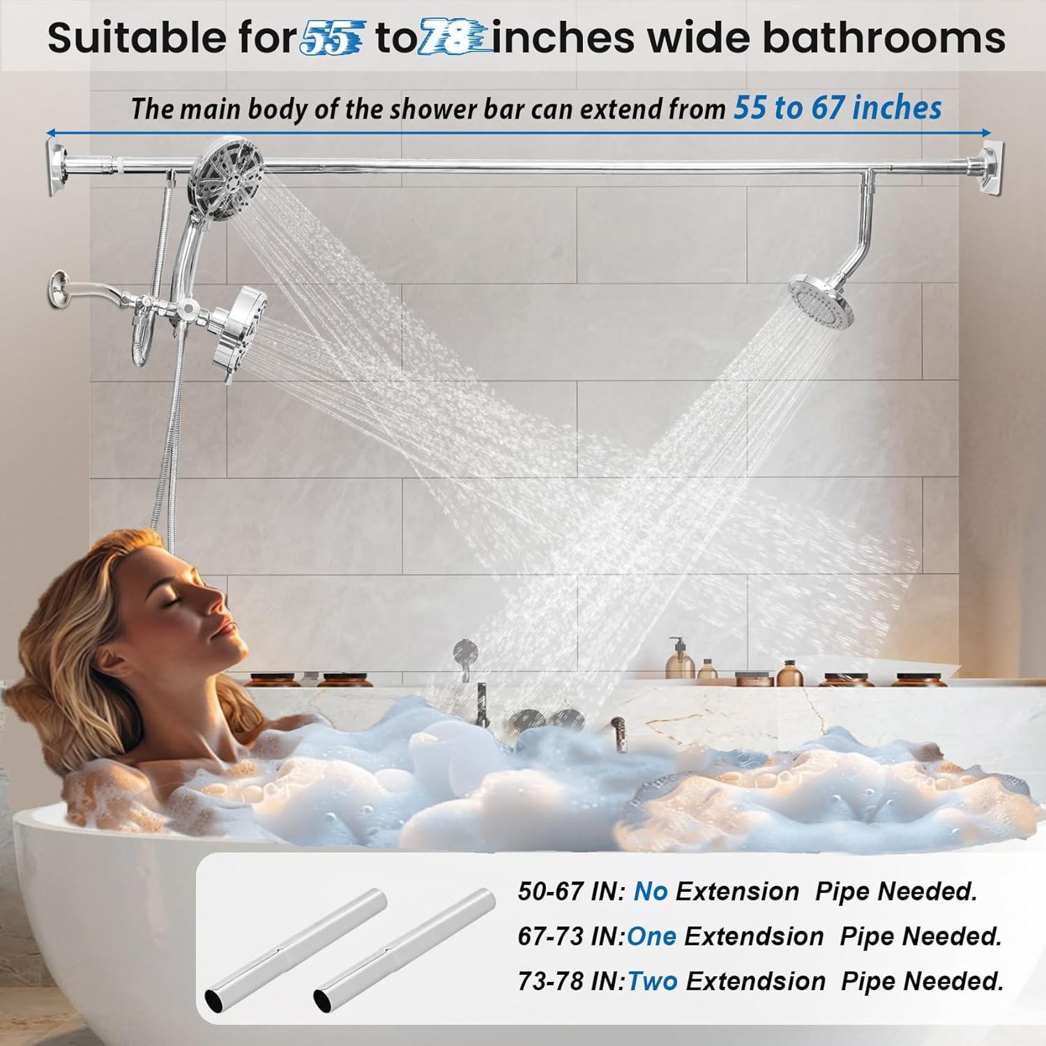 Tandem Shower Head, Double Shower Heads for Couples & Handheld head,Triple ShowerHead for Two People,High Pressure and Adjustable Dual Shower Head System and Handheld,with 10 Settings(Chrome)
