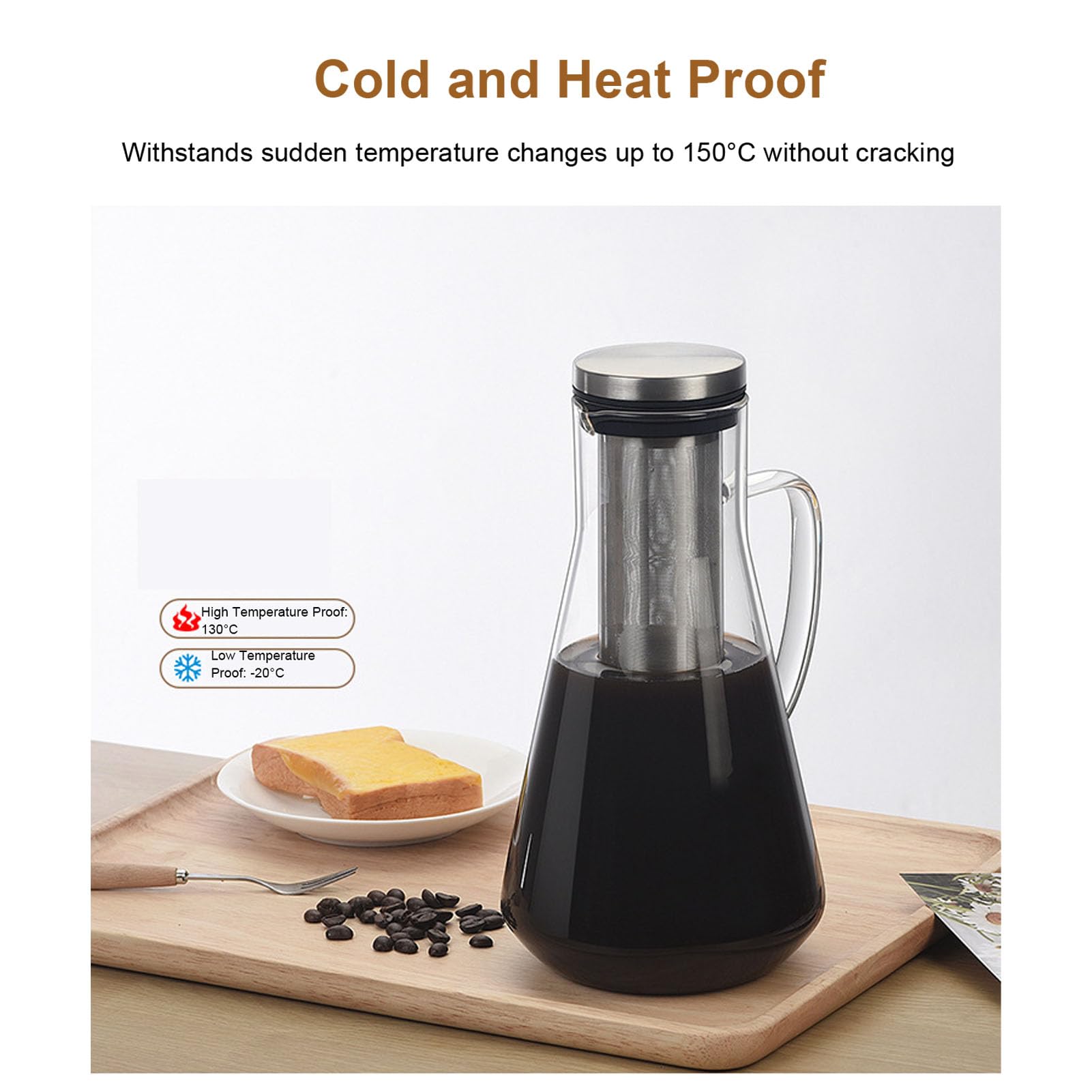 Cafetière à Infusion à Froid en Acier Inoxydable Pichet Verre Borosilicate 1600ML