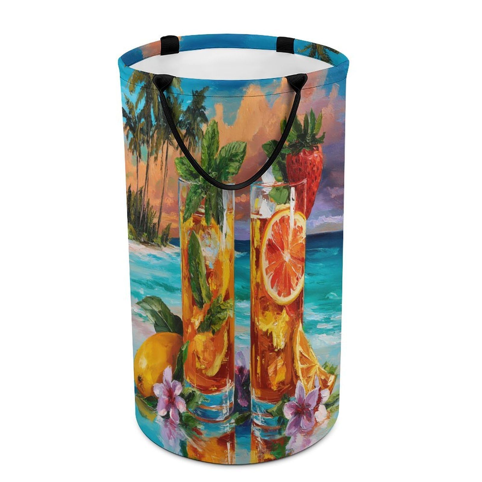 LUYYSKY Vintage Rustic Tropical Fruit Versatile Storage Laundry Basket, Funny Natural Ocean Seaside Beach Plant Palm Trees Large Bathroom Laundry Hamper With Handle-40 CM Dia, 69 CM High