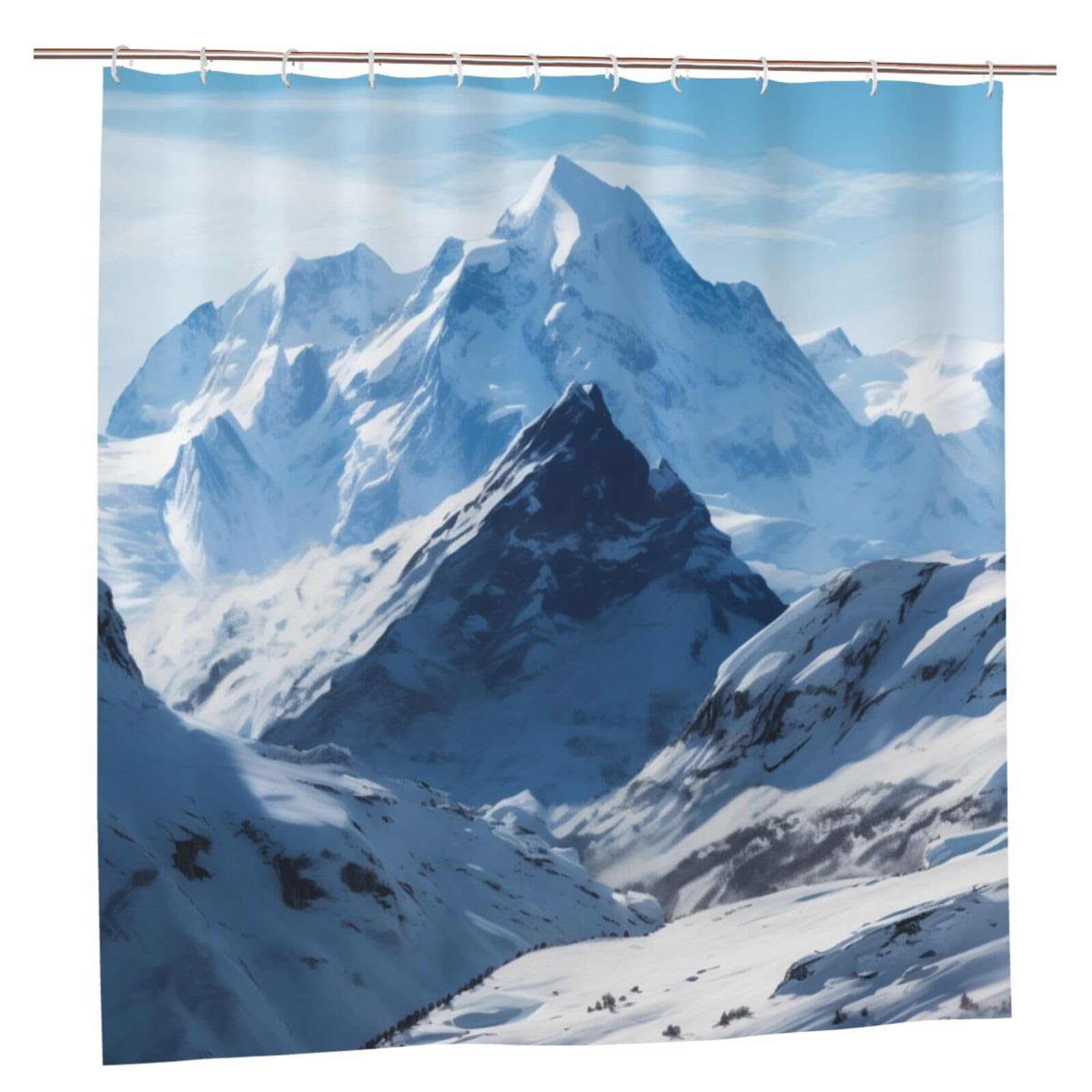 BWWHCCTI Snowy Mountain Printed Shower Curtain With 12 Plastic Hooks Opaque Quick Drying Waterproof Shower Curtains Sets For Bathroom 183x183 CM