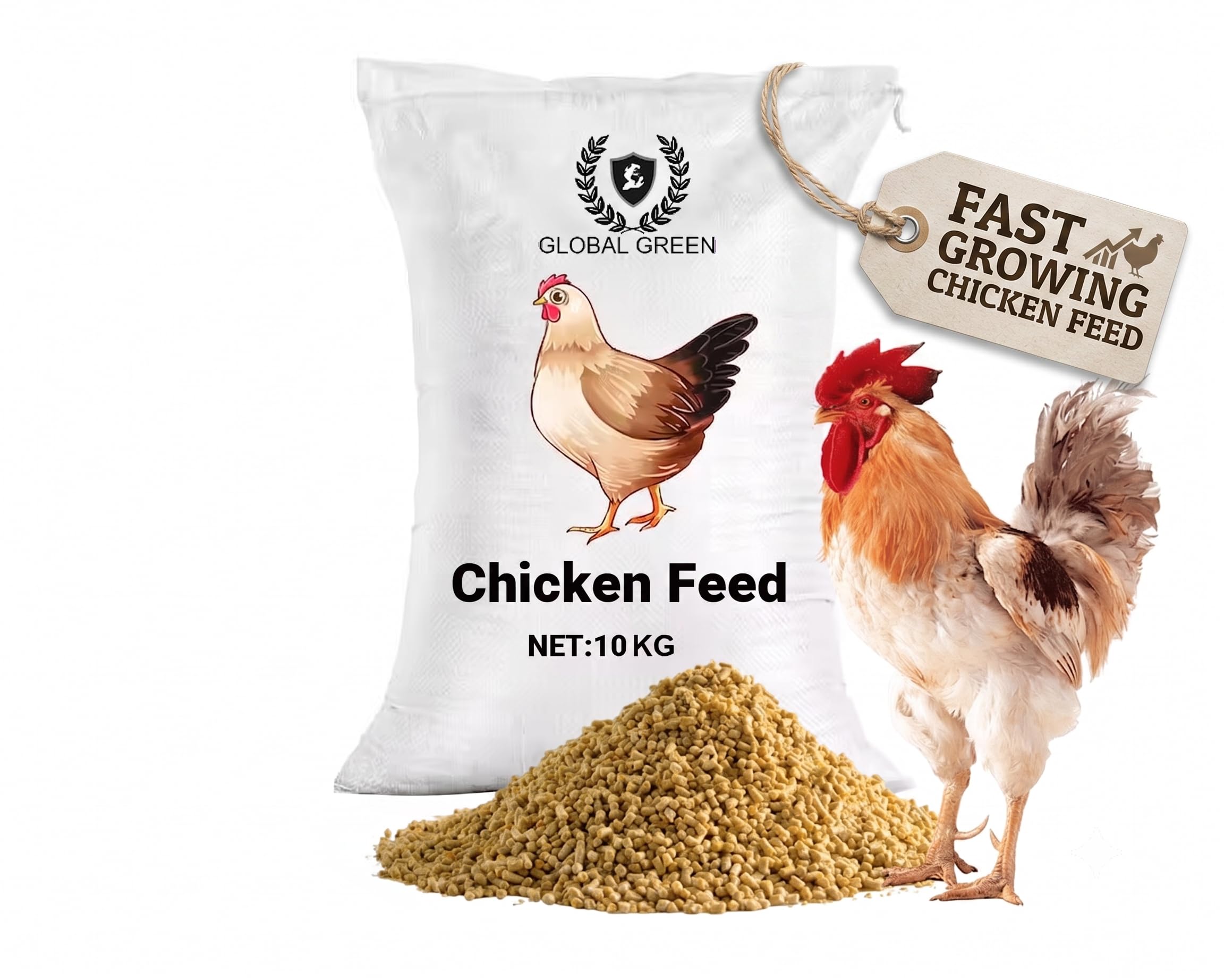 GLOBAL GREEN Super Fast Growing Feed for Poultry, Desi 10 KG Bag |(Baby Chicken Can't eat)-image-32
