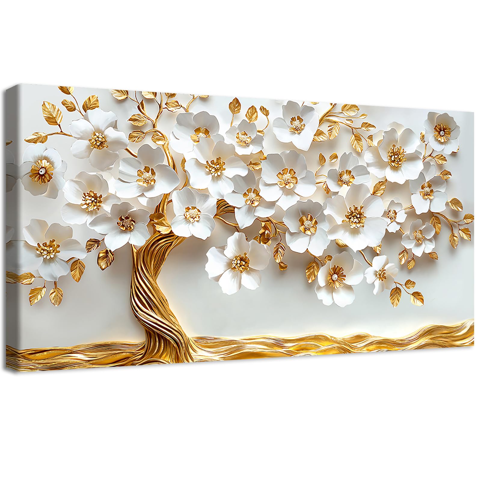 Grande Stampa su tela con Cornice Bianco Oro Floreale Albero Pittura Albero della vita con Foglie d'oro Quadri su tela Quadri Moderni Poster Stampe da Parete Soggiorno Camera da Letto 50x100cm