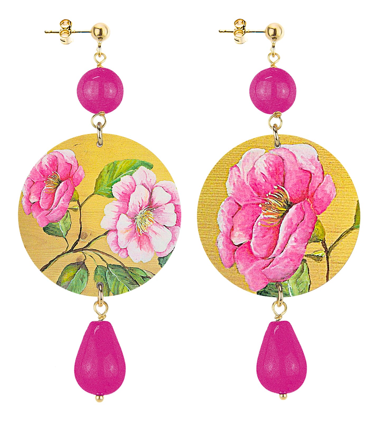 Orecchini pendenti in ottone dorato con agata fucsia striata