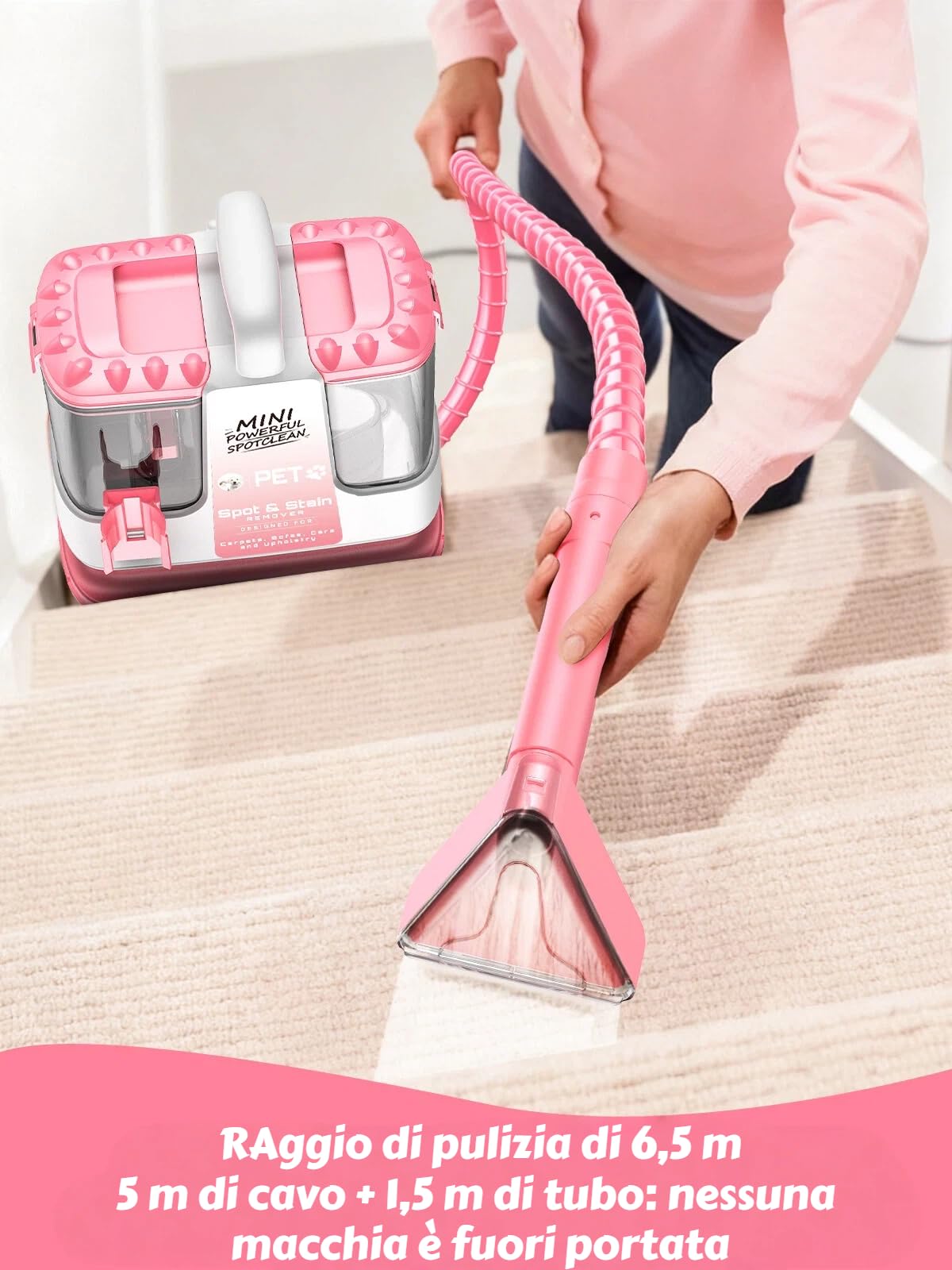 Lavatappeti Portatile, 600W Lava Tappezzeria per Tappeti, Doppio Serbatoio Acqua, Auto Pulizia, 16kPa Potente Aspirazione, per mobili imbottiti, per tappeti, auto, design leggero e compatto, Rosa