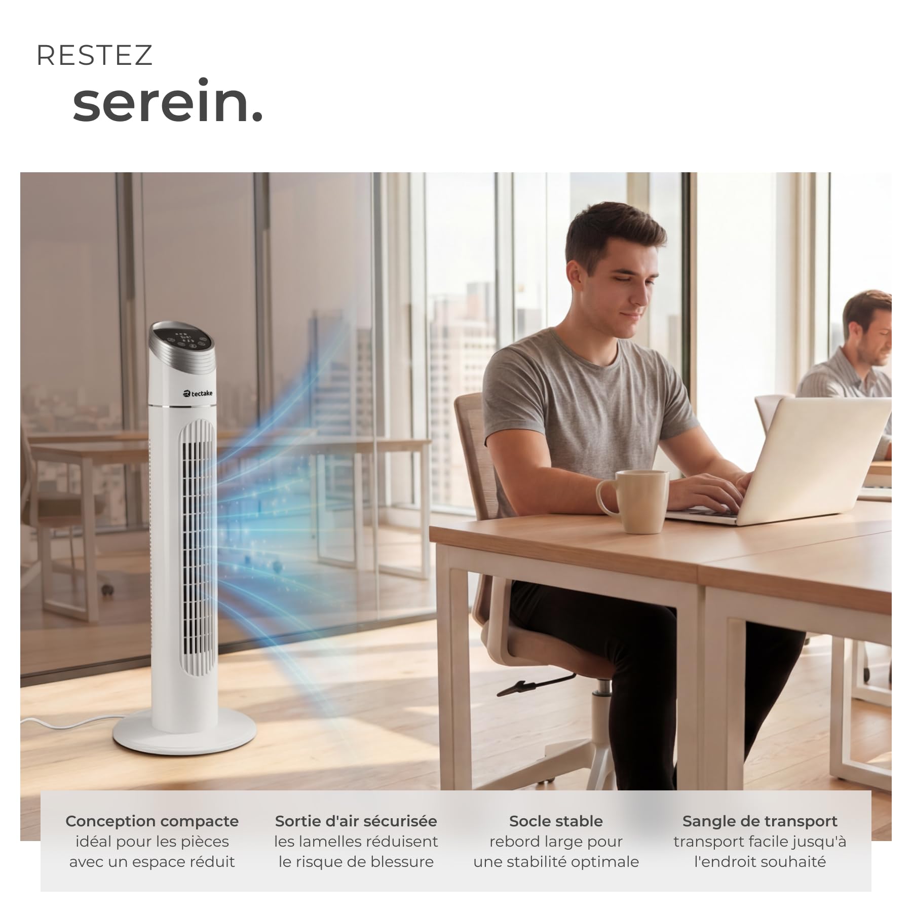 tectake® Ventilateur Colonne 90 cm, 3 modes et 3 vitesses, Fonction de minuterie, Ecran LED, Télécommande, Ventilateur Silencieux & Oscillant pour Bureau, Chambre, Salon, Maison - Blanc
