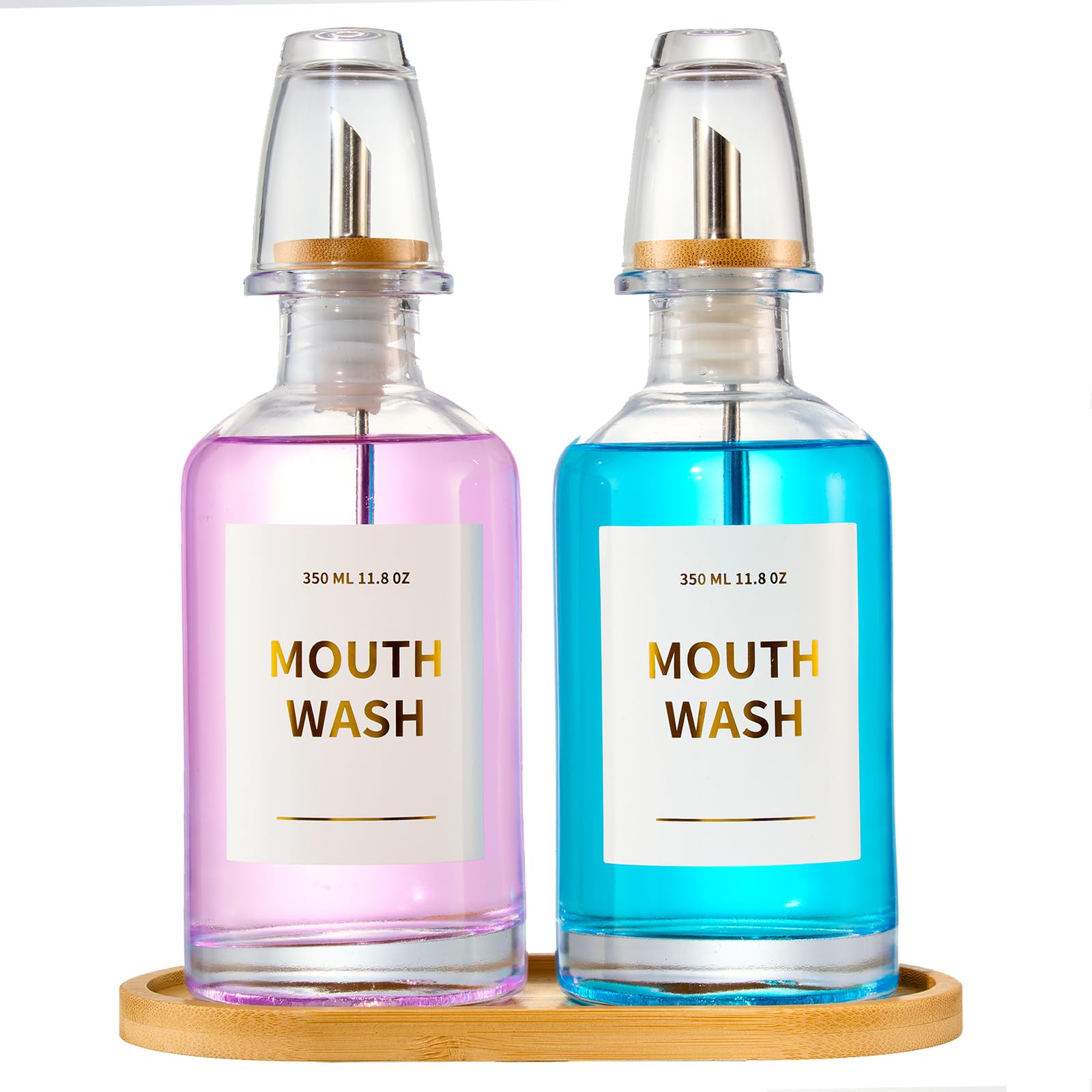 MUVEKA Glass Mouthwash Dispenser for Bathroom, 11.8oz Mouthwash Holder with Stianless Steel Spouts, Mouthwash Decanter with Bamboo Holder, Refillable