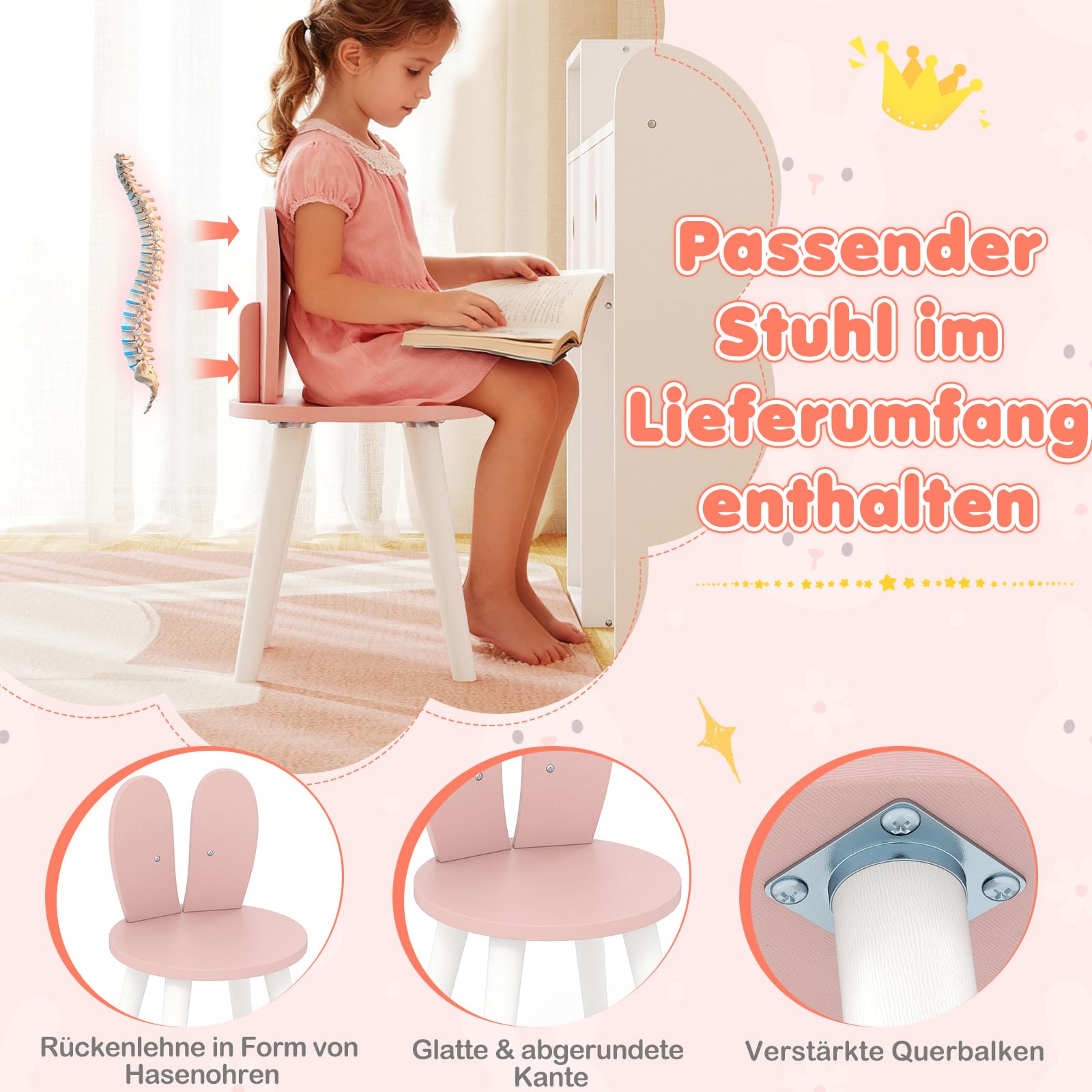 COSTWAY Kinder Schminktisch mit Beleuchtung, Frisiertisch mit bunten LED-Lichtern & Hocker, Kinderschminktisch mit 2 Schubladen, offenen Fächern, Kosmetiktisch für Mädchen ab 3 Jahren (Weiß+Rosa)
