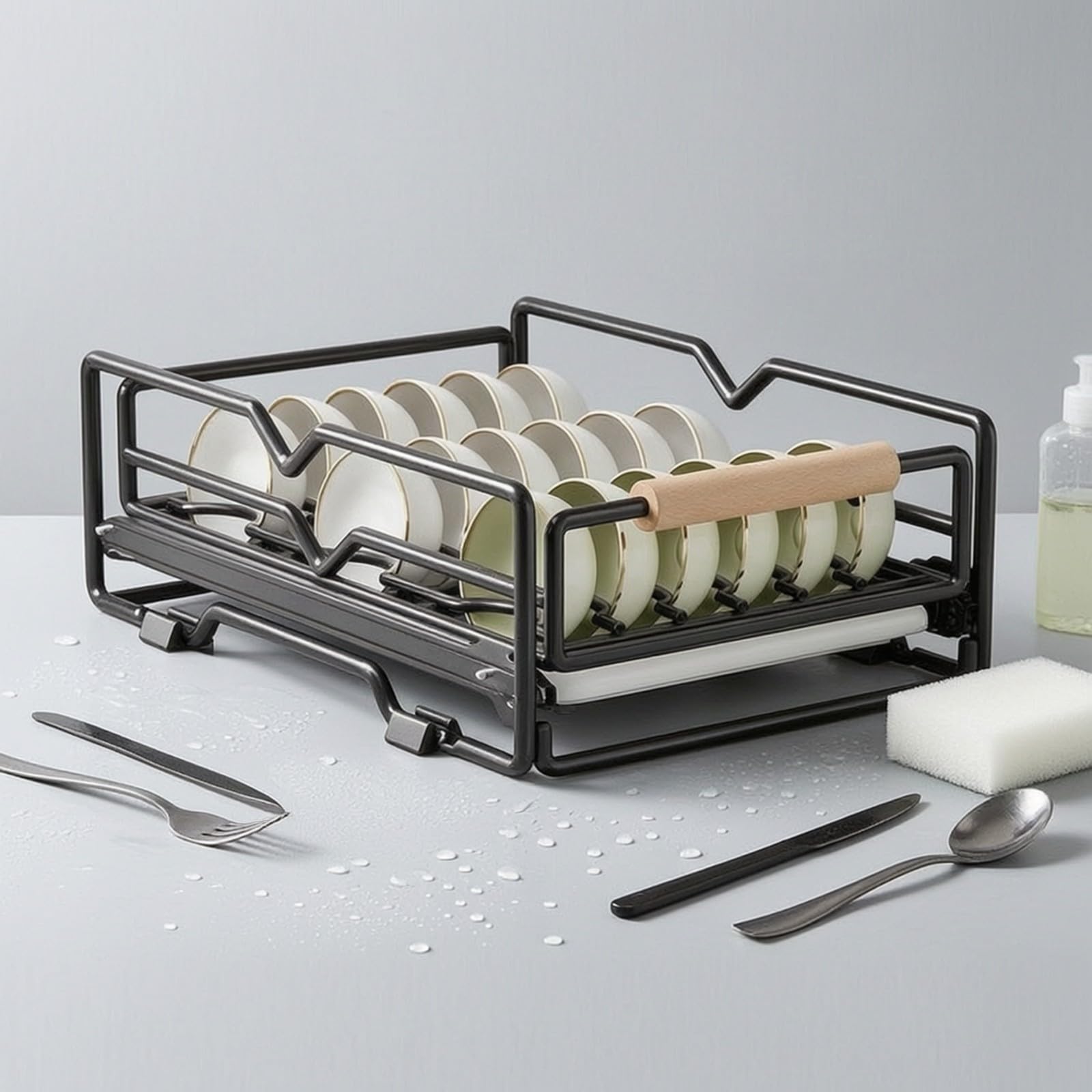 Soporte para Platos Acero Resistente Diseño Compacto y Morno, Escurreplatos con Mango, Estante para Platos un, Encimera, Armario, Negro