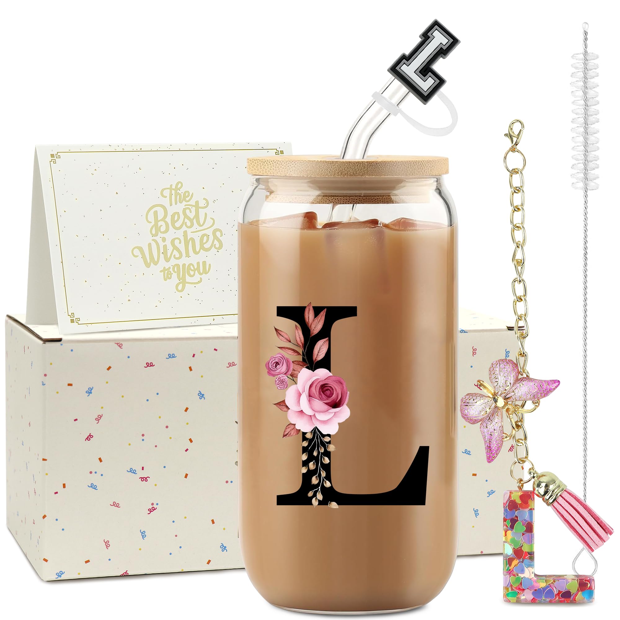 ZIOISNM A-Z Buchstaben Glasbecher mit Deckel und Strohhalm, Personalisierte Geschenke für Frauen zum Geburtstag, Weihnachten, Valentinstag