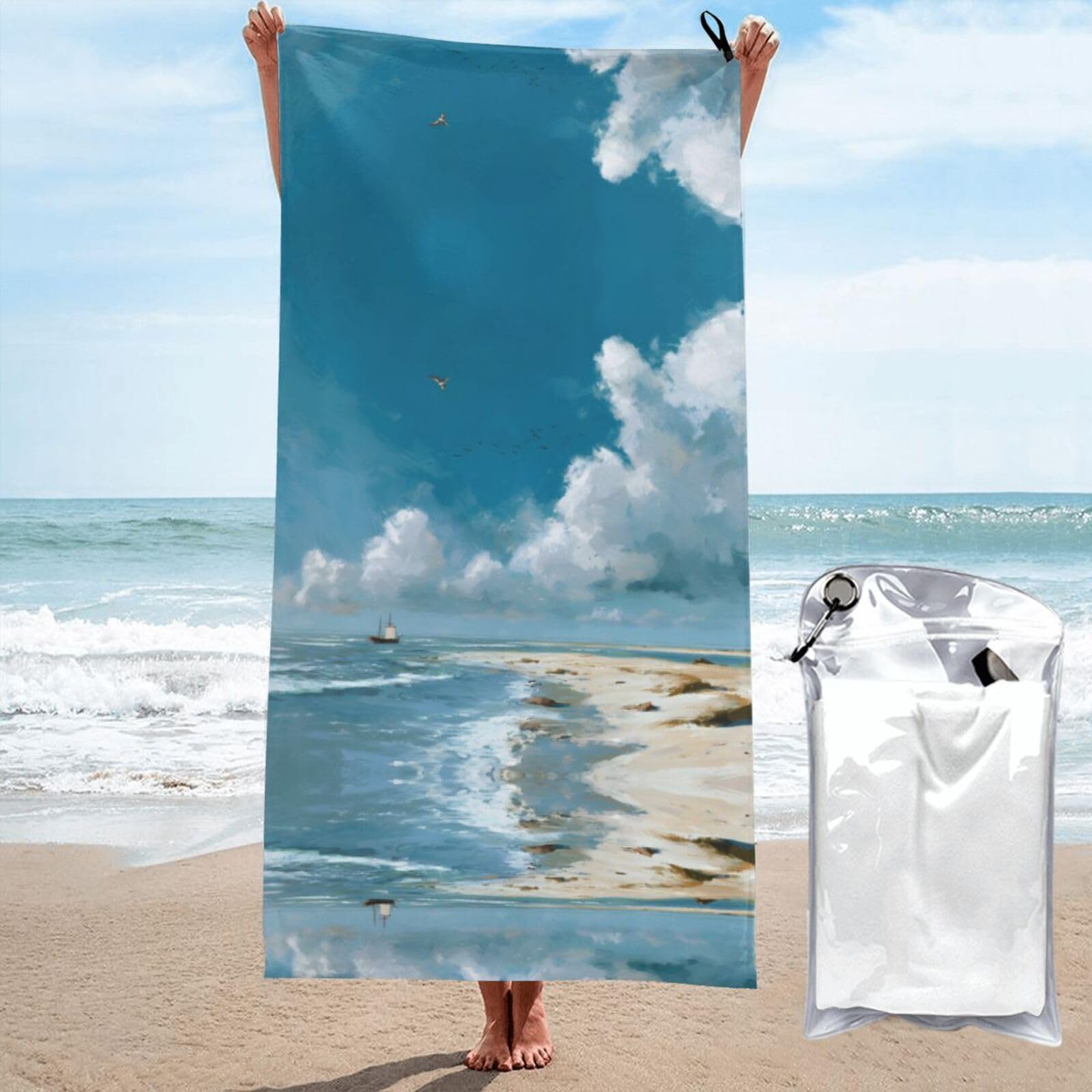 ESNAIUVCD Seaside Scenery Print Beach Towel, Microfibre Sauna Towel, Quick-Drying Fitness Towel, Lightweight And Thin Portable Sauna Towel