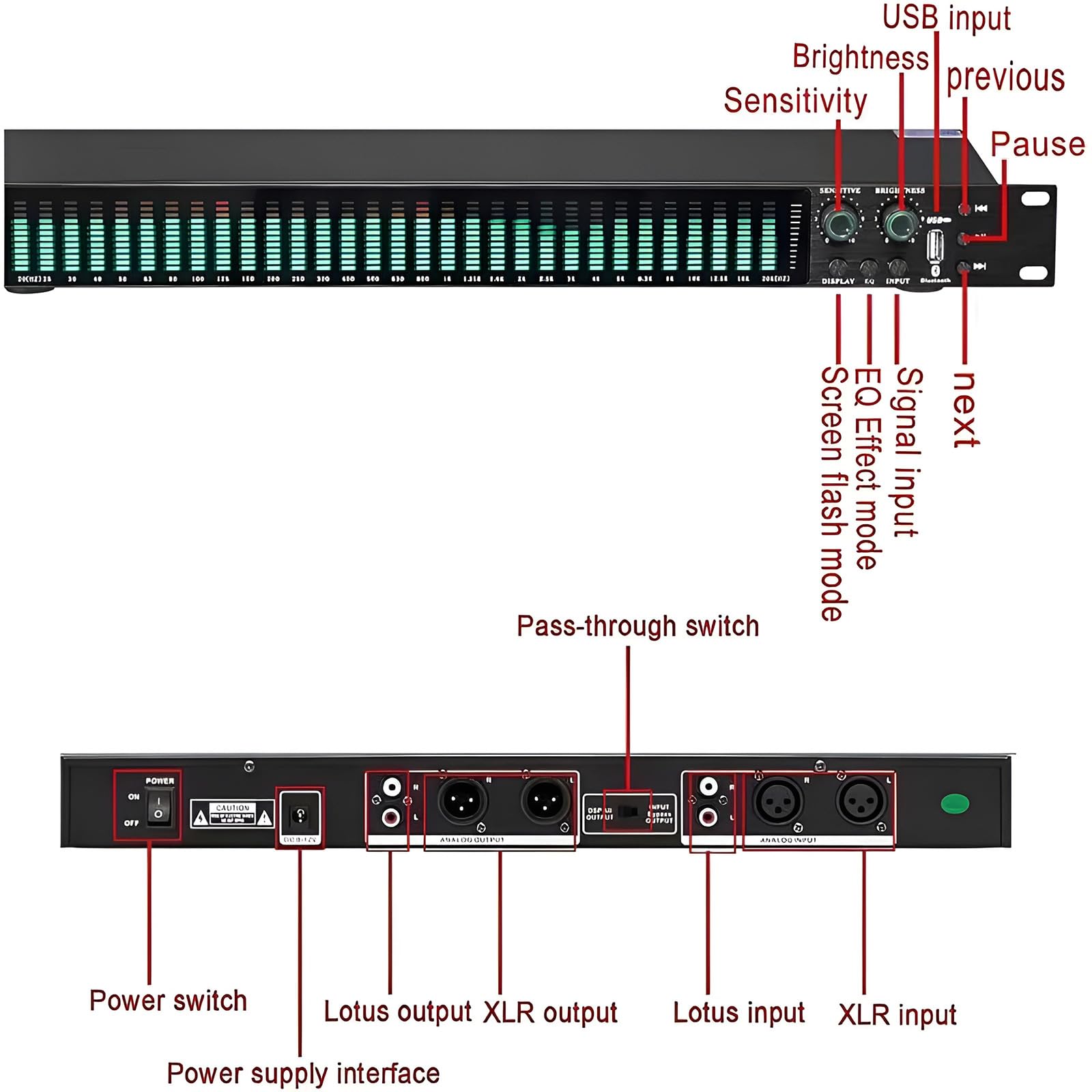 Ecualizador Gráfico De Audio Estéreo, Ecualizador Digital De 31 Bandas, Con Pantalla De Espectro Led, Procesador Dsp Y Reducción De Ruido, 10 Efectos Preestablecidos Para Estudio De Grabación