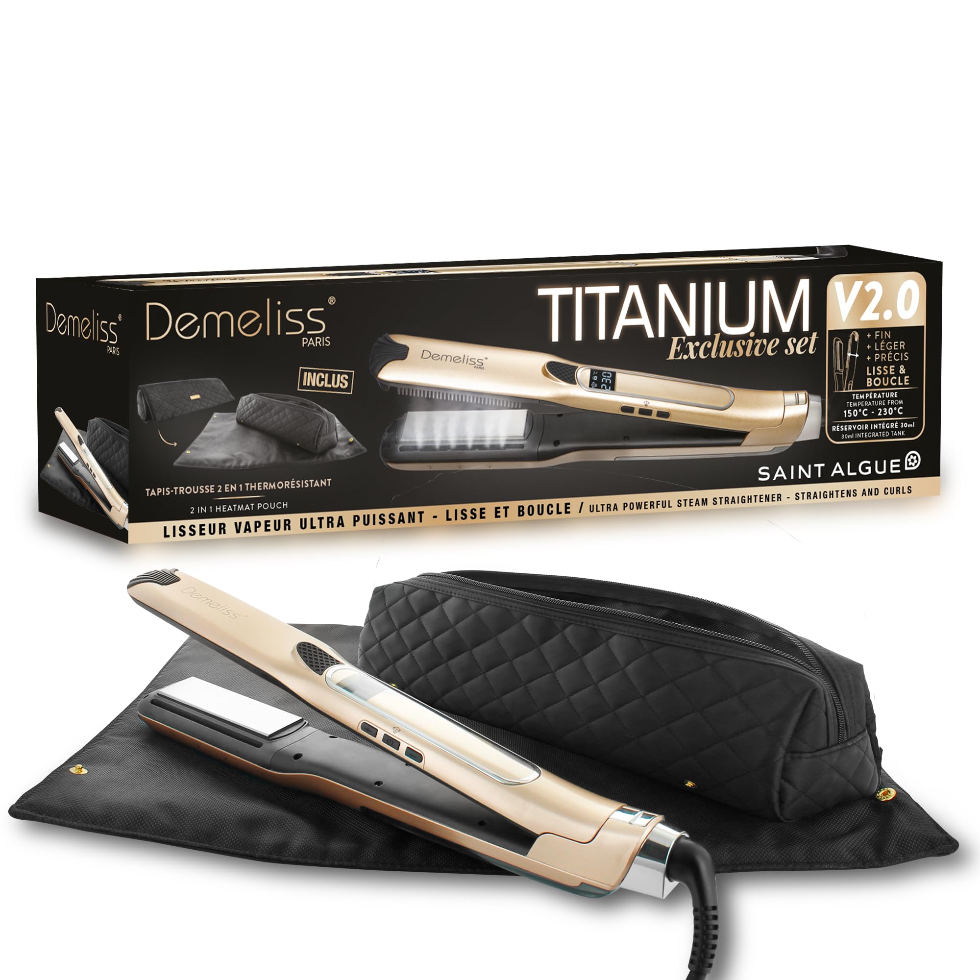 Demeliss Saint Algue - Set de alisador de vapor Titanium V2.0 EXLUSIVE - Incluye una alfombra 2 en 1 - Alisado de alto rendimiento, hidratación intensa - para todo tipo de cabello