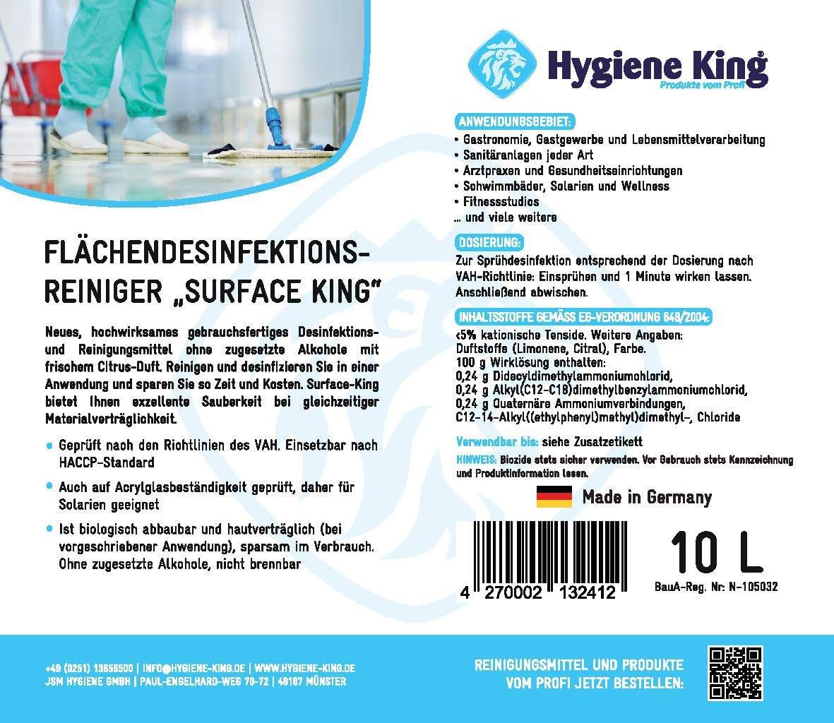 Desinfektionsreiniger | gebrauchsfertig | 10 + 1 L mit Hahn | materialverträglich | für Kunstleder, Yogamatten, Solarium, Sportgeräte & Gastro | Made in Germany