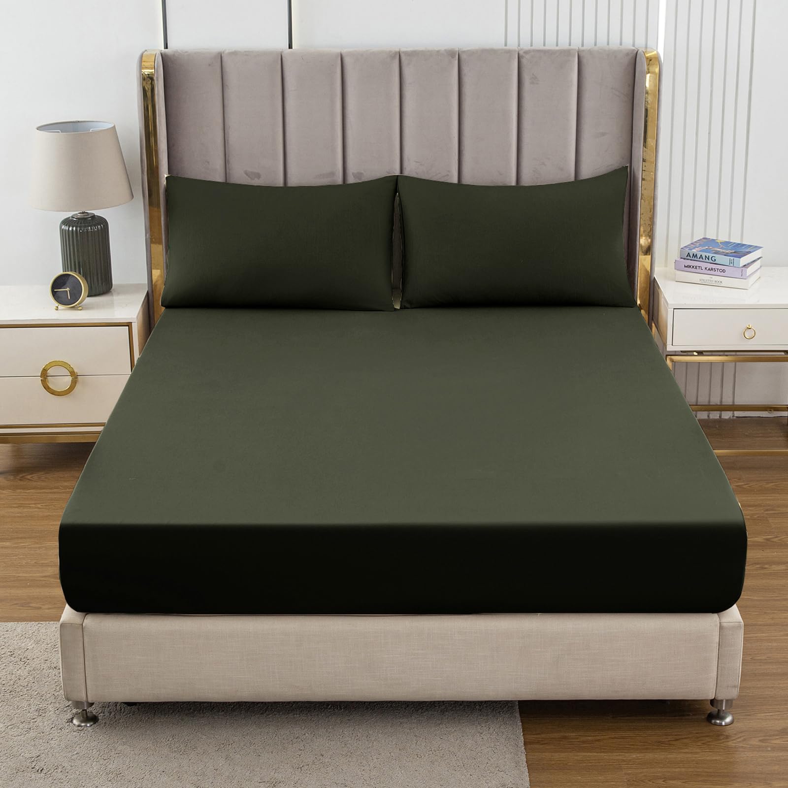 Soifox Double Fitted Sheets 40 cm Extra Deep Pocket Olive Green Bed Sheets 16 inch - Image 2