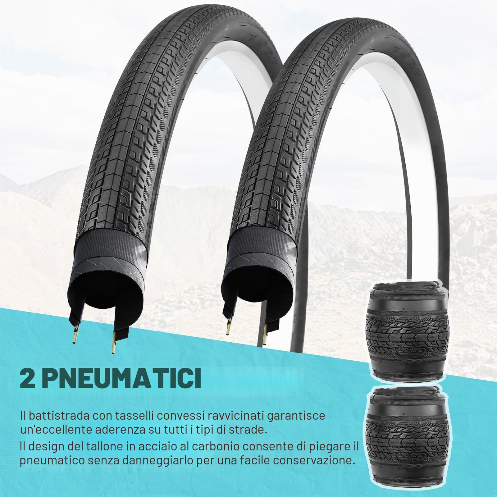 ZUKKA Set di 2 pneumatici pieghevoli da, 20/24/26 x 1,75 pollici, pieghevoli, per bicicletta,mountain bike, bicicletta per bambini