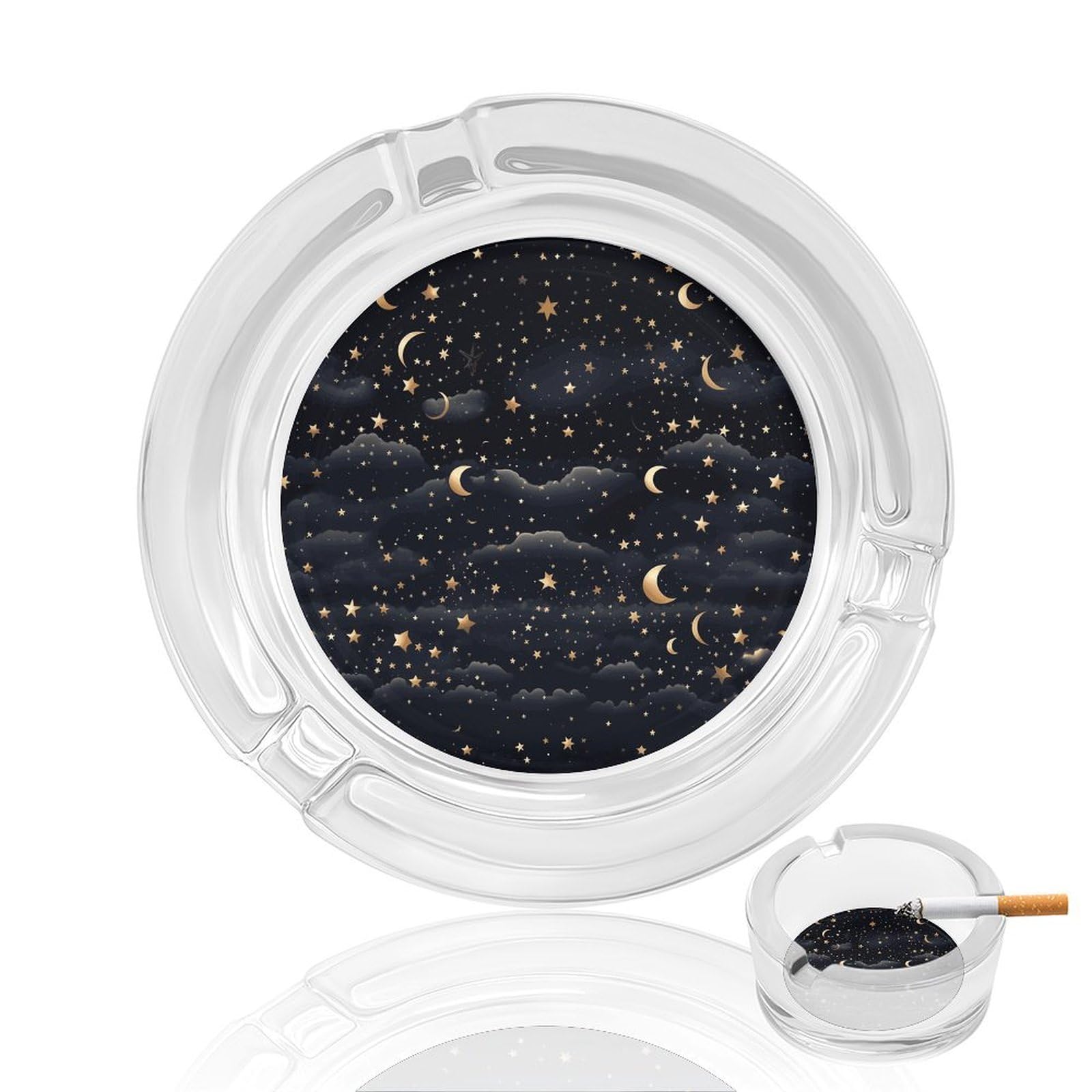 Cendrier en verre sans fumée au design étoiles et lune fond foncé pour la maison et le bureau