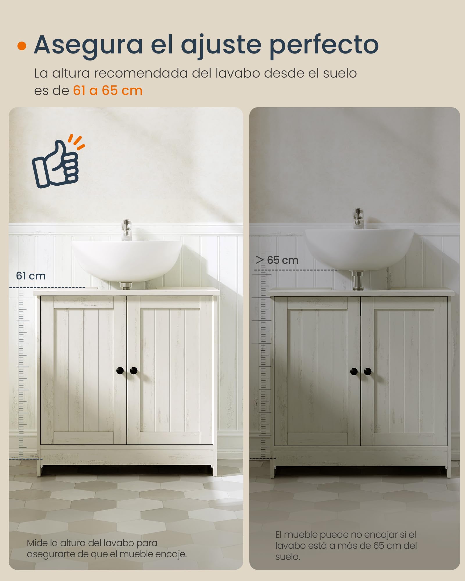SONGMICS Home Mueble Bajo Lavabo para Baño, Montaje Súper Rápido Sin Herramientas Toolless, Armario con Estante Ajustable, para Lavabos con o sin Pedestal, Blanco Rústico BBC223WJ01