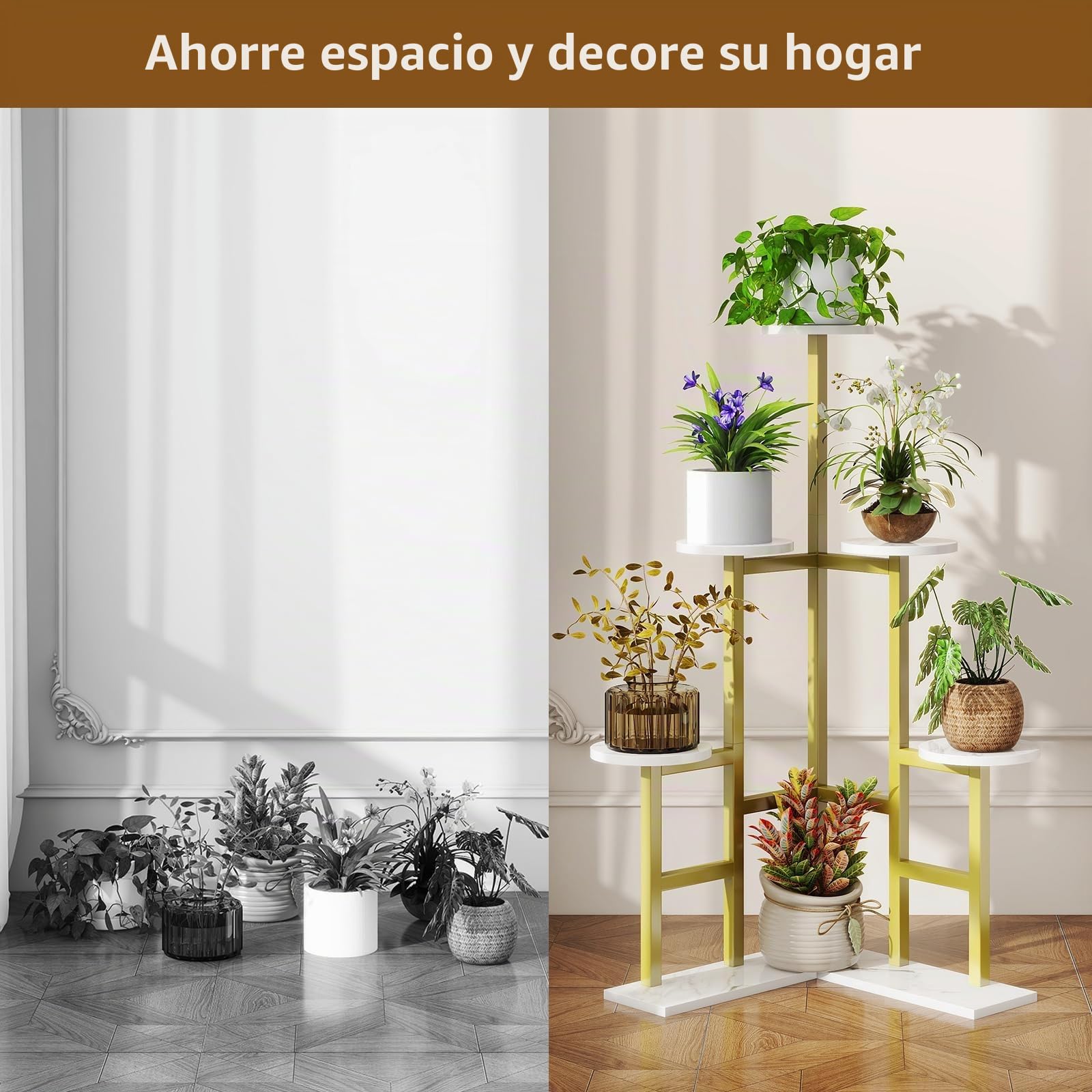 IBUYKE 6 Niveles Estanteria para Plantas de Madera, Soporte Plantas Interior de 108cm de Alto para Múltiples Plantas, Soporte Macetas para Plantas para Jardín Interior Balcón, Dorado TMJ072G