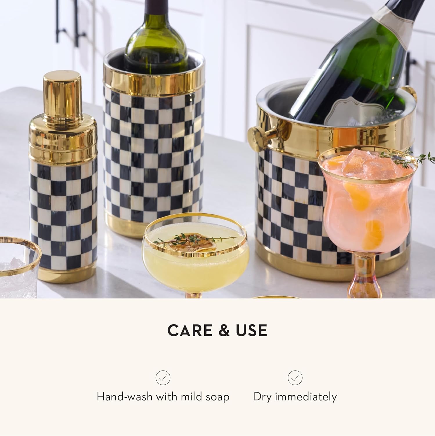 MACKENZIE-CHILDS 3260 Gold Wine Cooler, Champagne and Wine Bucket, Ice Bucket, Black-and-White Courtly Check