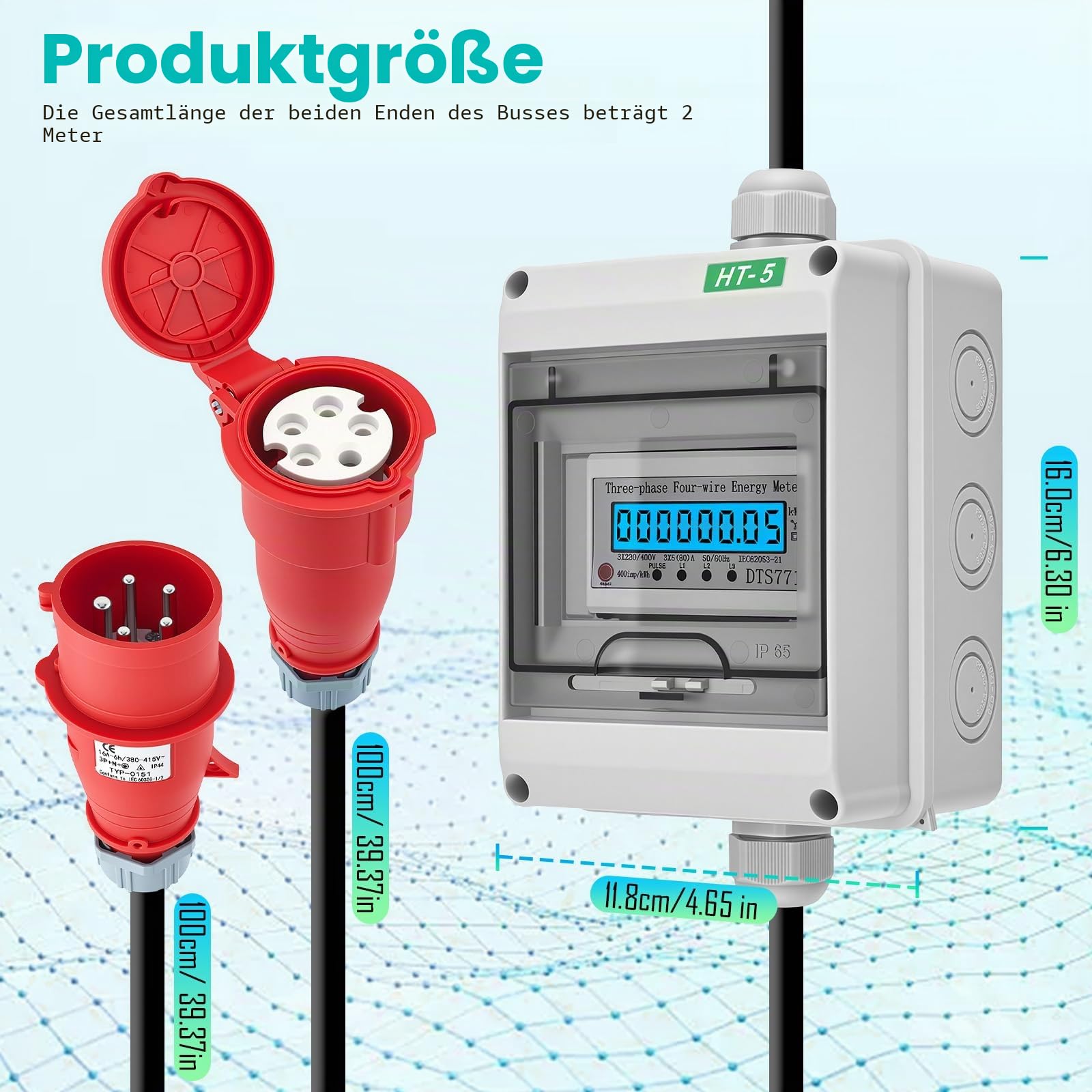 3 Phasen Mobiler Stromzähler, 16A 400V Mobiler Digitaler Stromzähler Drehstromzähler, 5 * 2,5mm² Digitalzähler mit CEE Stecker, Portabler Stromzähler für Baustelle, Camping, Marina, Balkonkraftwerk