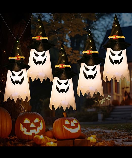 Mr. Pen Halloween Hanging Lighted Glowing Ghosts, 5 pcs, Hanging Ghost Decorations, Outdoor Halloween Tree Decor
