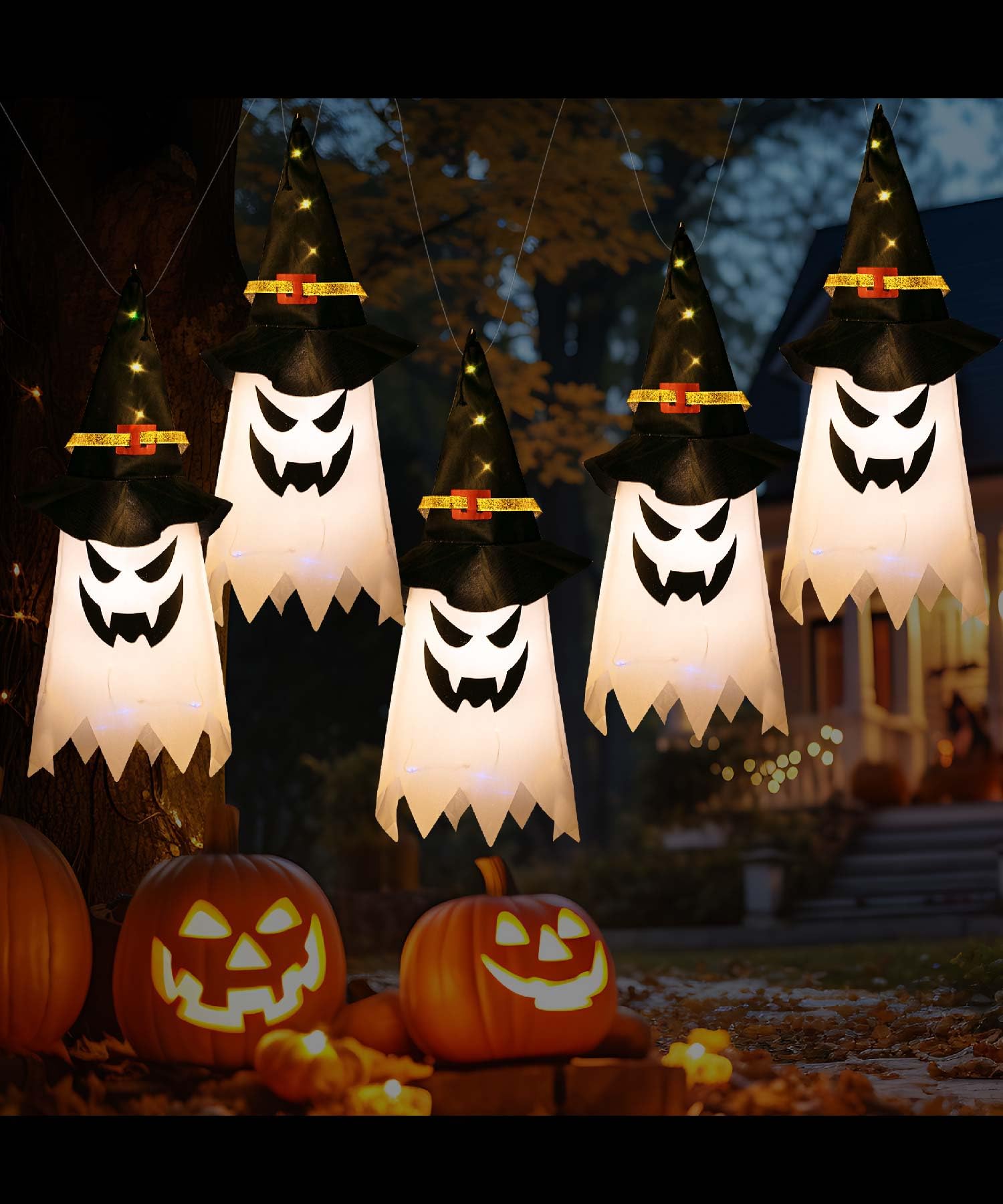 Mr. Pen Halloween Hanging Lighted Glowing Ghosts, 5 pcs, Hanging Ghost Decorations, Outdoor Halloween Tree Decor