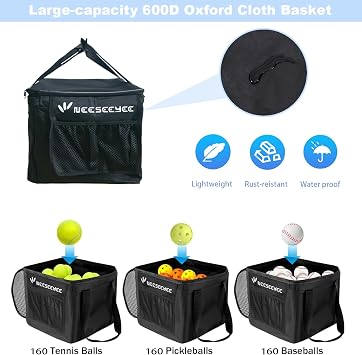 Portable Tennis Ball Hopper Tennis Ball Basket with Wheels Basket Hold Up to 160 Racquetball, Pickleball, Baseball, Badminton