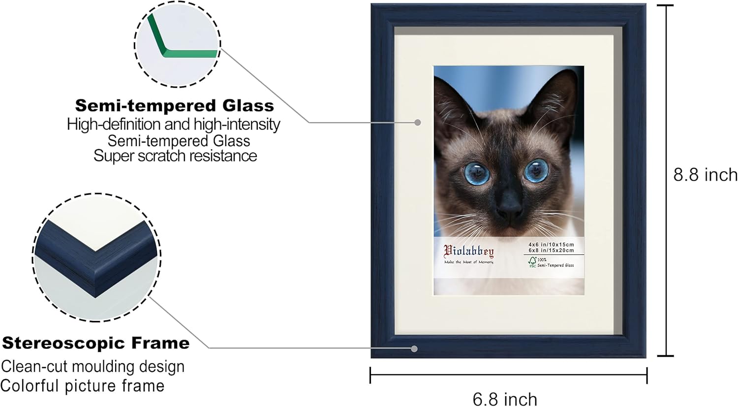 VIOLABBEY 6x8 Picture Frame Blue, Photo Frame Set of 4, Display 4x6 Photo with Mat and 6x8 without Mat, Wall or Tabletop, HD Real Glass
