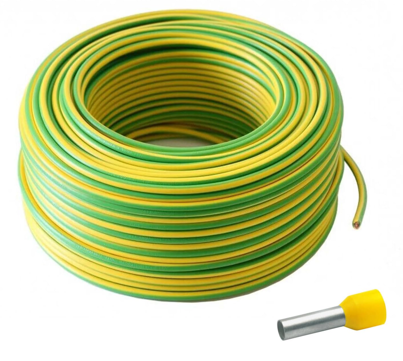 Câble de terre flexible H07V-K en PVC vert/jaune - 50 m - 6 mm² - Pour installations PV - Avec 10 embouts (6 mm² x 12 mm)