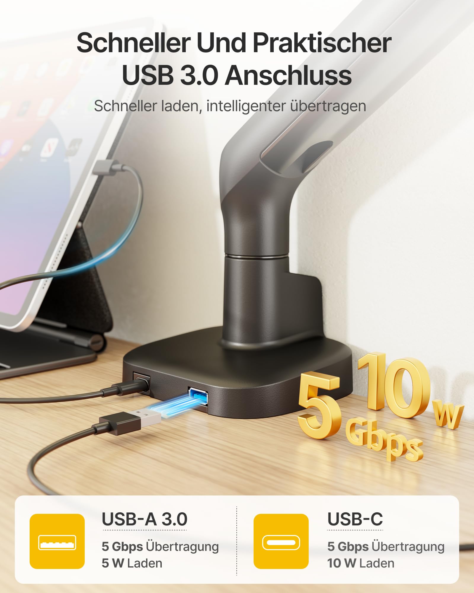 monTEK Brazo Monitor con USB, Pantallas Ultrawide 17 a 40 Pulgadas, Negro | Resorte Mecánico, Resistente hasta 12kg, VESA 75/100mm, Ajustable con Montaje de Pinza y Ojal
