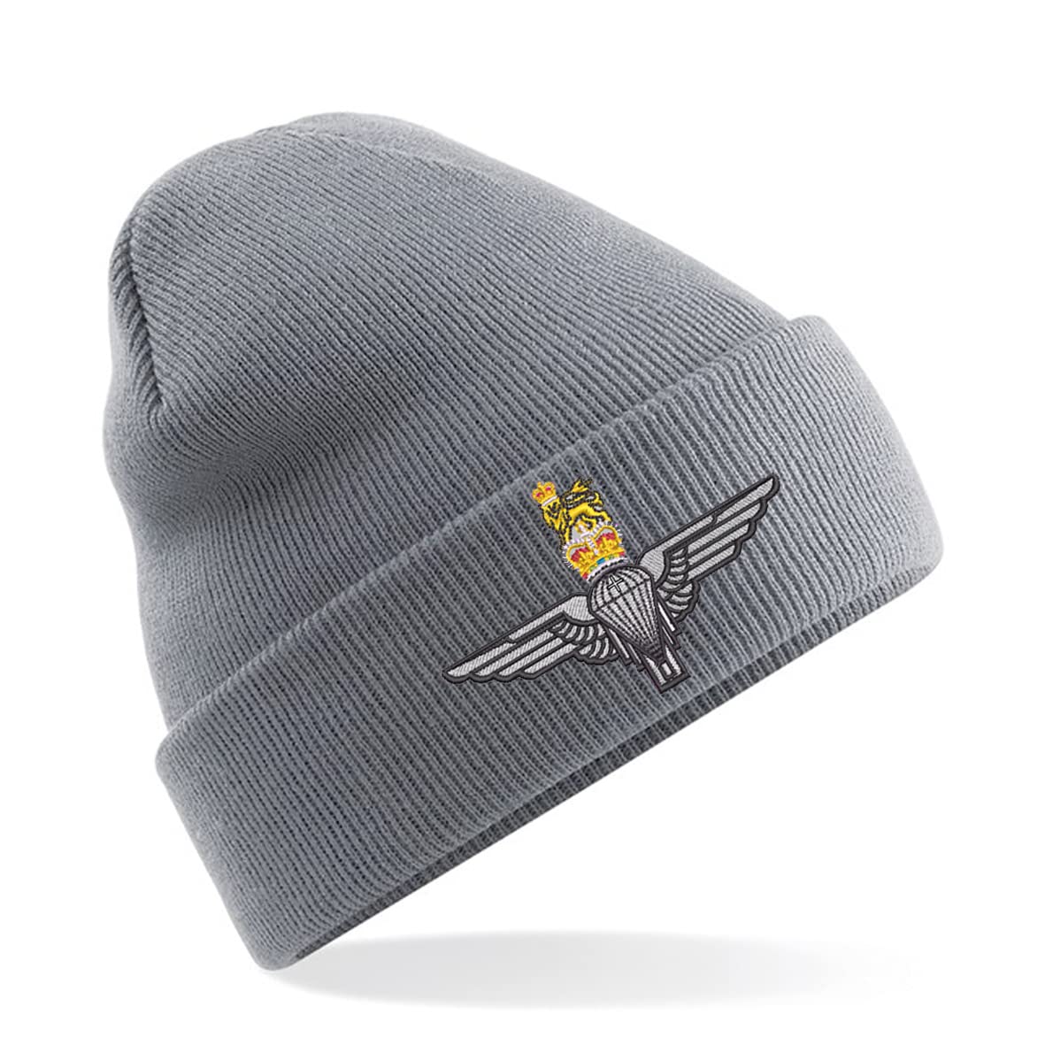 HiViz Kings Parachute Regiment Paratrooper Paras Badge Men's Beanie Hat Stay Warm and Cozy Embroidery British Army Insignia MOD (Acrylic, Grey)